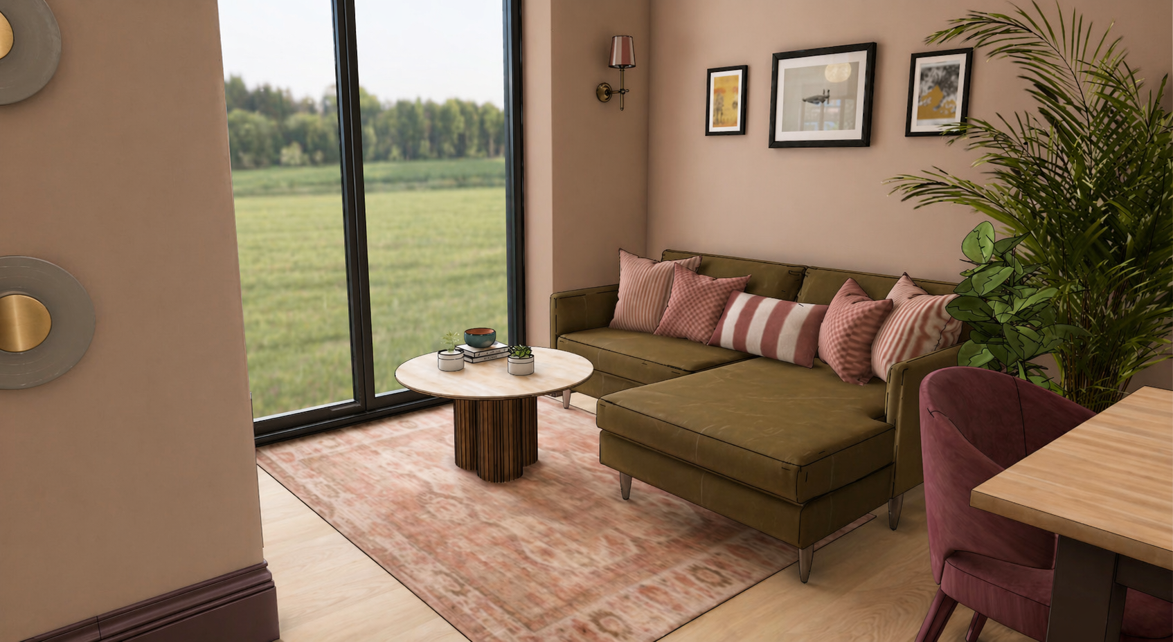 interior design visualisation of the living area in the Queens Road project by Carole Crowe Interior Design, Whitley Bay, showing an olive green corner sofa with pink and striped scatter cushions, a travertine round coffee table on a faded pink rug, 