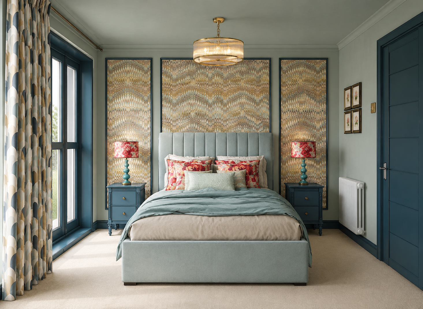 Design visual of guest bedroom at Clements Wharf Durham, featuring a pale blue upholstered headboard, framed flame stitch wallpaper panels as a decorative feature wall, teal blue bedside tables with red floral table lamps, patterned geometric blue an