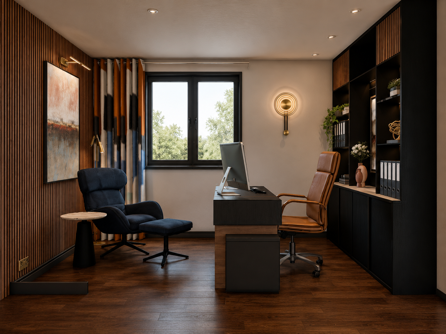 Design visual of home office at Clements Wharf Durham in natural daylight, showing walnut slatted wall panelling, dark fitted shelving unit with decorative accessories, navy armchair with footstool, tan leather desk chair, geometric patterned curtain