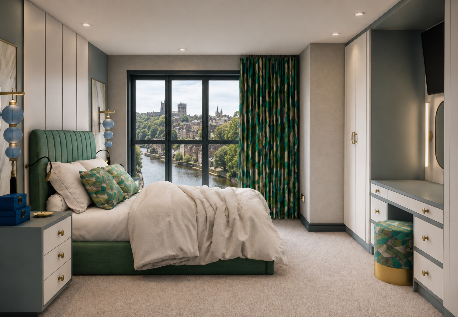 Design visual of principal bedroom at Clements Wharf Durham, showing a green velvet upholstered headboard, full-height black-framed windows with views over the River Wear and Durham Cathedral, patterned green and gold curtains, integrated wardrobe an