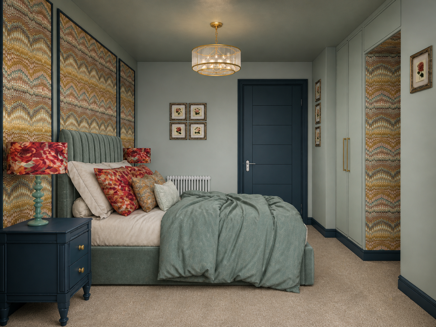 Interior design visual of the guest bedroom at Clements Wharf, Durham, by Carole Crowe Interior Design, viewed from the foot of the bed, showing a sage green channelled upholstered headboard flanked by tall dark navy framed ikat-style fabric wall pan