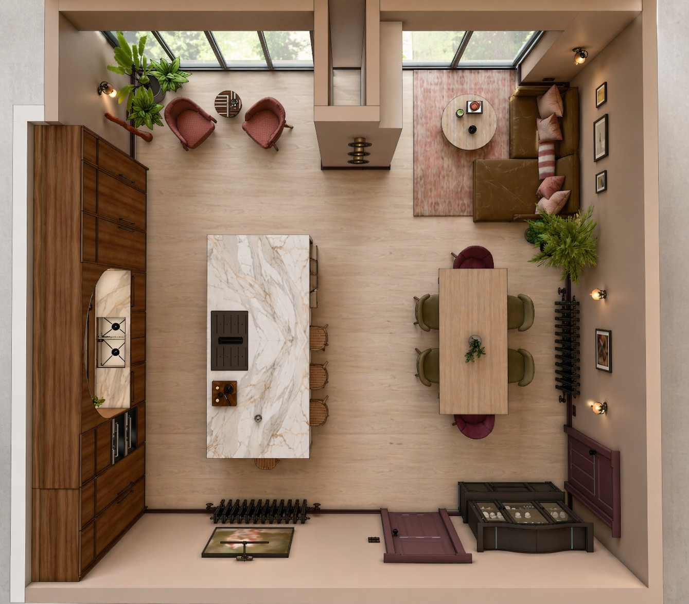 Overhead CGI floor plan visualisation of the open-plan kitchen, dining and living space in the Queens Road project by Carole Crowe Interior Design, Whitley Bay, showing the spatial layout with a Calacatta marble kitchen island, walnut cabinetry with 