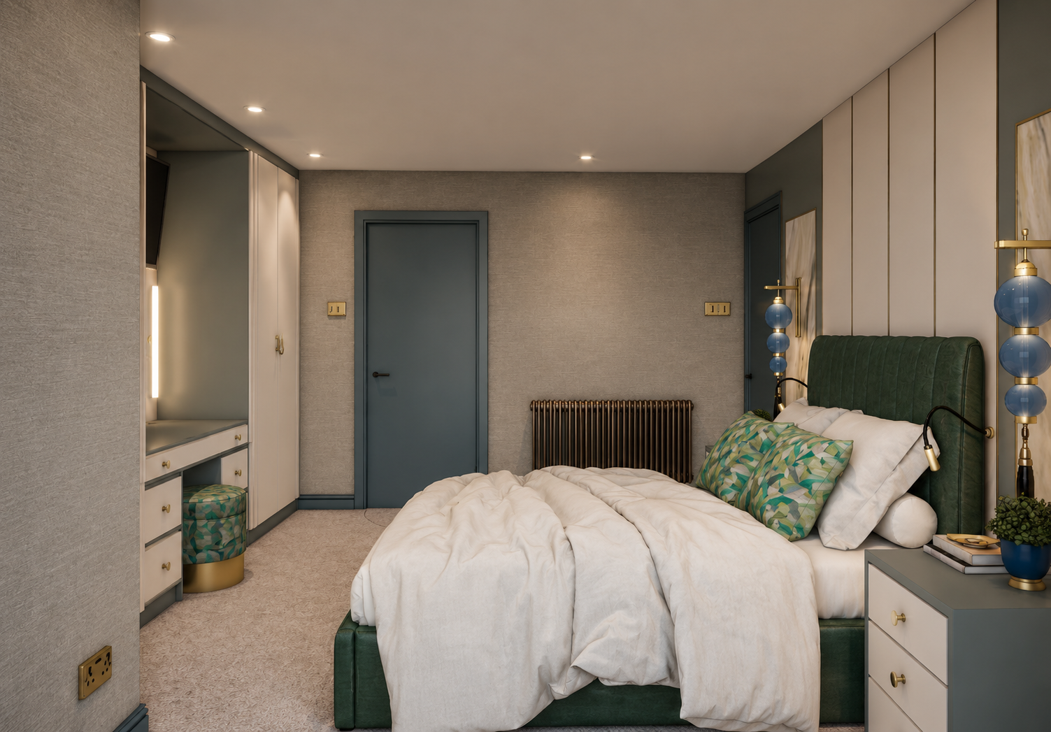Design visual of principal bedroom at Clements Wharf Durham, featuring a deep green upholstered headboard, neutral textured wallcovering, integrated dressing table with illuminated mirror, decorative blue globe wall lights with brass fittings, patter