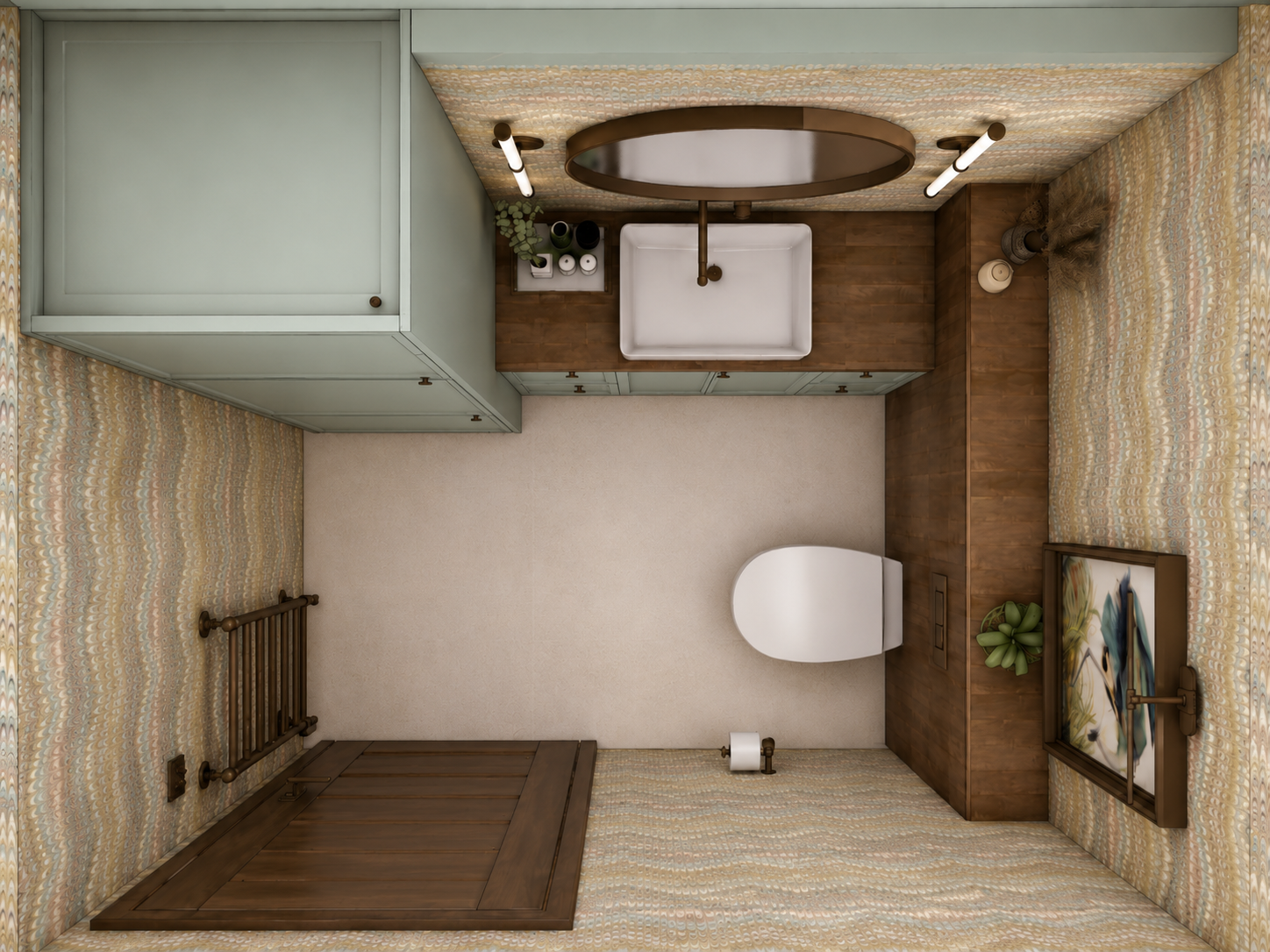 Overhead design visual of guest cloakroom and utility room at Clements Wharf Durham, showing aquamarine cabinetry, round mirror with bronze surround, countertop basin, wall-hung WC, patterned flame stitch wallpaper, bronze ladder towel rail and a woo