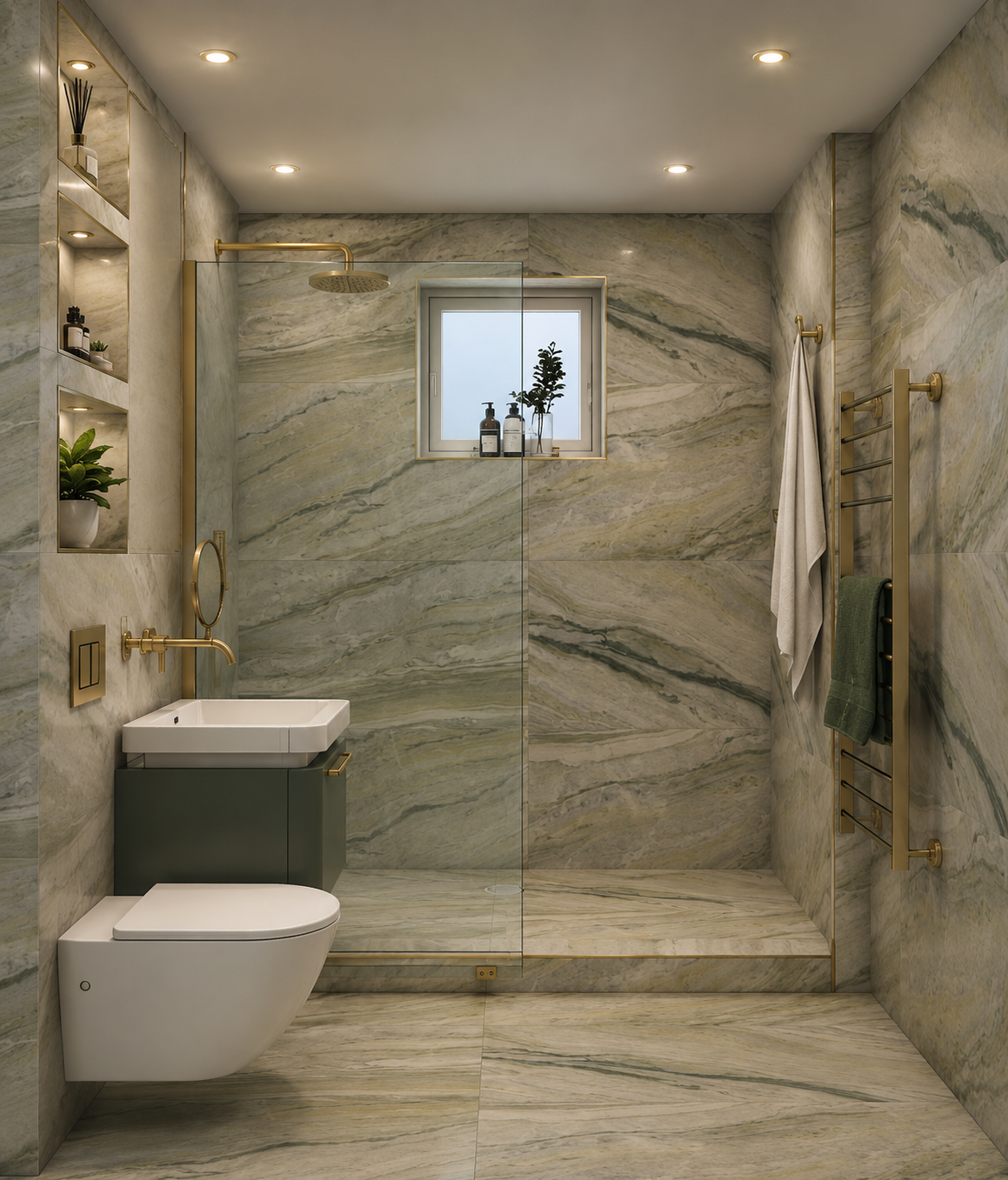 Design visual of luxury ensuite bathroom at Clements Wharf Durham, showing walk-in wet room shower with marble effect tiles, brushed brass rain head and glass panel, sage green floating vanity unit, wall-hung WC, heated towel rail and illuminated rec