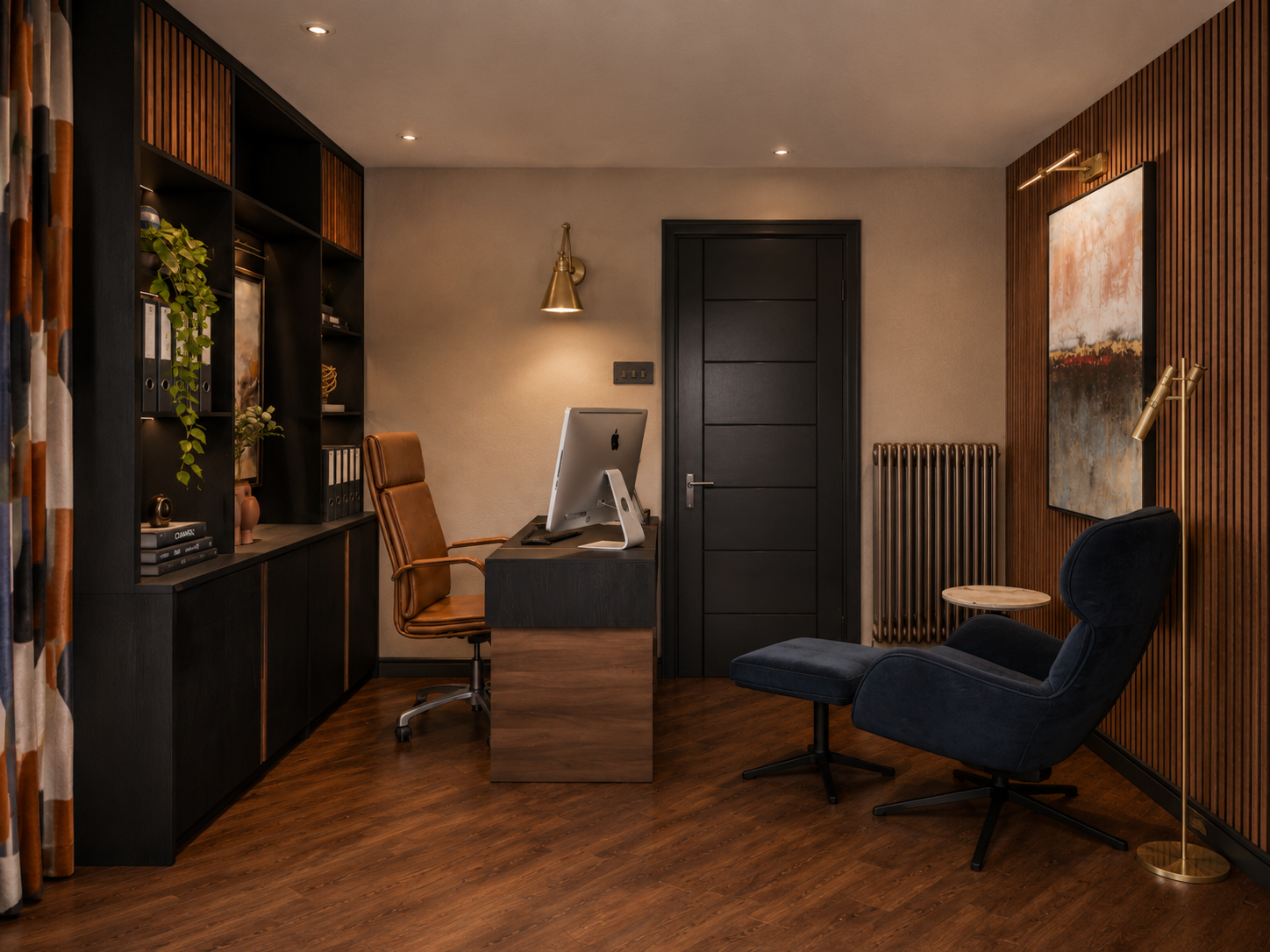 Design visual of bespoke home office at Clements Wharf Durham, featuring dark charcoal fitted shelving and storage cabinetry, walnut slatted wall panels, leather desk chair, navy blue lounge chair with footstool, brass adjustable wall lights, abstrac