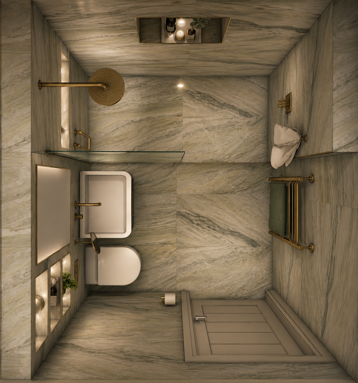 Overhead design visual of luxury ensuite bathroom at Clements Wharf Durham, featuring full marble wall and floor tiles, brushed brass fittings, wall-hung WC, walk-in shower with rain head, heated towel rail and illuminated niche shelving, by Carole C