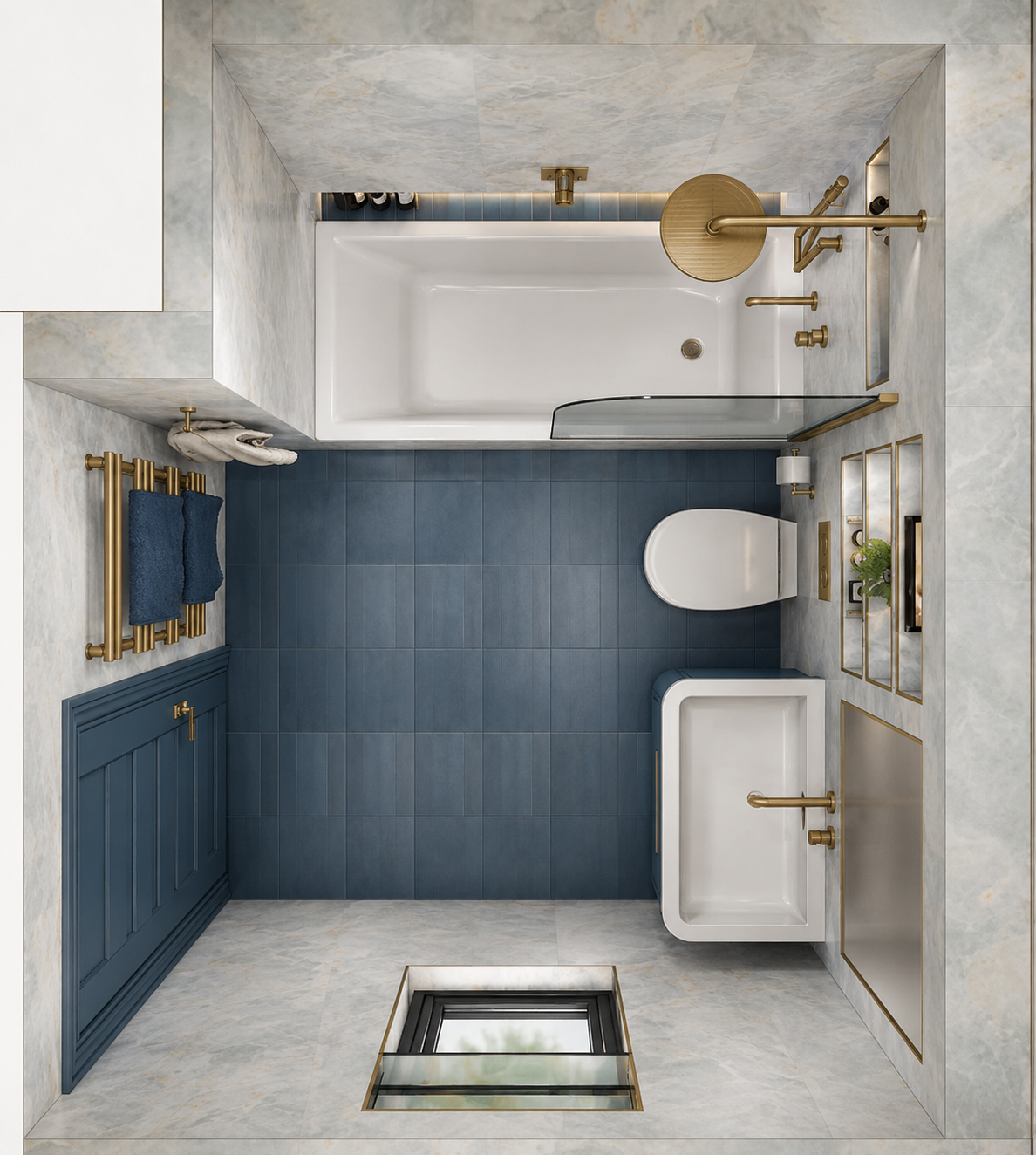 Overhead design visual of guest ensuite bathroom at Clements Wharf Durham, featuring navy blue wall tiles, pale marble effect floor tiles, a bath with shower screen and brass overhead rain head, wall-hung WC, countertop basin with brass fittings, bra