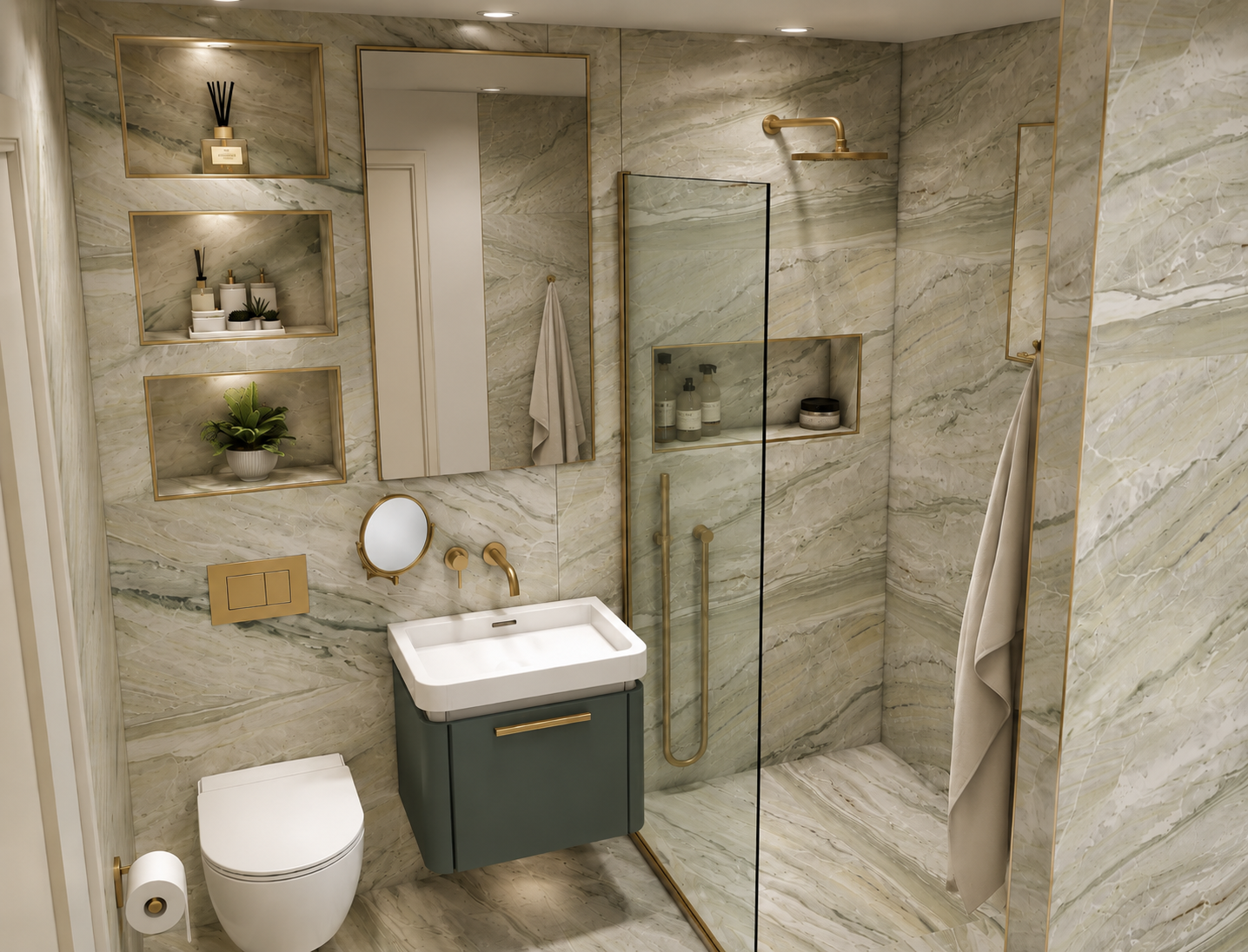esign visual of ensuite bathroom at Clements Wharf Durham, featuring marble effect tiling throughout, brushed brass wall-mounted tap and mirror, recessed niche shelving with gold trim, walk-in shower with product niche, heated towel rail and sage gre