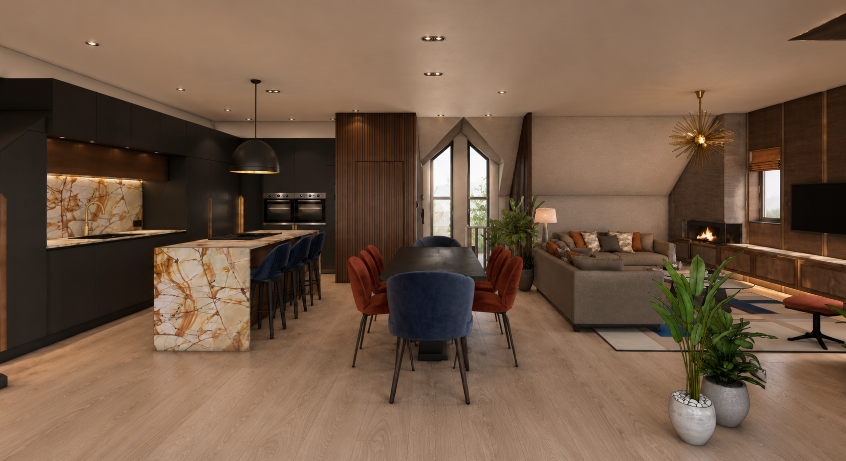 Interior design visual showing the full open-plan kitchen, dining and living space at Clements Wharf, Durham, by Carole Crowe Interior Design, with a fully clad Calacatta marble kitchen island with navy velvet bar stools, matte black handleless cabin