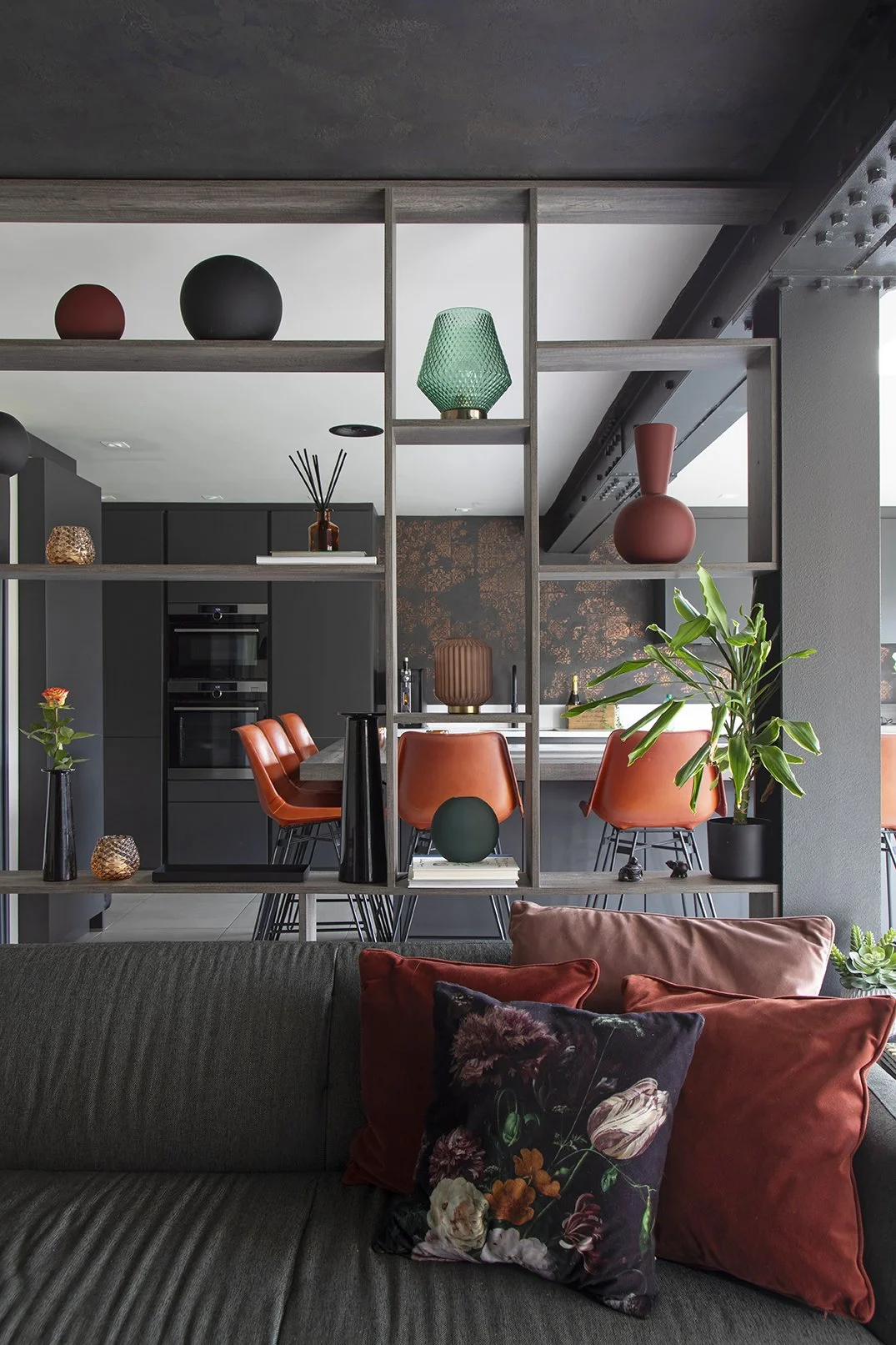 Bespoke open shelving unit dividing living and kitchen zones, styled with ceramics and plants, Lytham Road Whitley Bay interior design