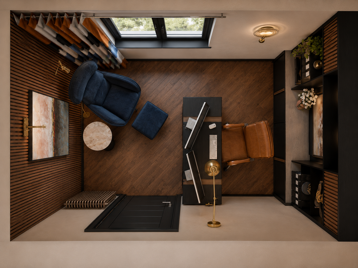 Overhead design visual of home office at Clements Wharf Durham, showing walnut slatted wall panelling, dark fitted shelving, a dark desk with leather office chair, navy blue armchair and footstool, marble side table, brass floor lamp, abstract artwor