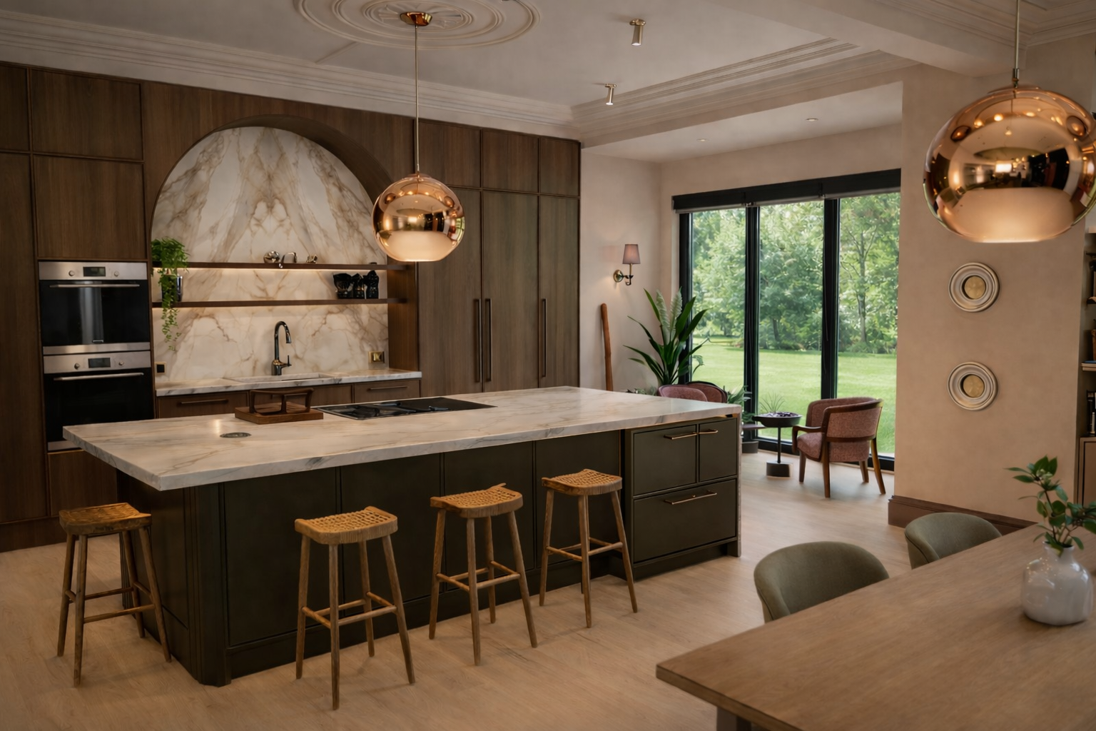 interior design render of the kitchen and dining area in the Queens Road project by Carole Crowe Interior Design, Whitley Bay, with warm ambient lighting, two copper globe pendants, a Calacatta marble island with dark olive green fluted base and ratt