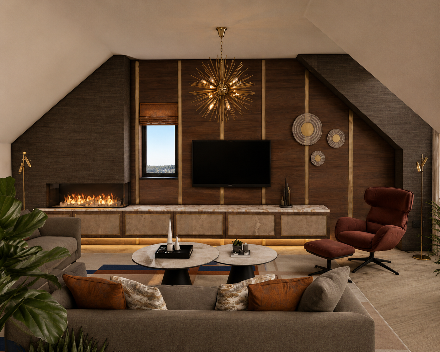 Evening interior design visual of the living room fireplace and media wall at Clements Wharf, Durham, by Carole Crowe Interior Design, showing a floor-to-ceiling dark walnut panelled wall with vertical brass inlay detailing, a wall-mounted television