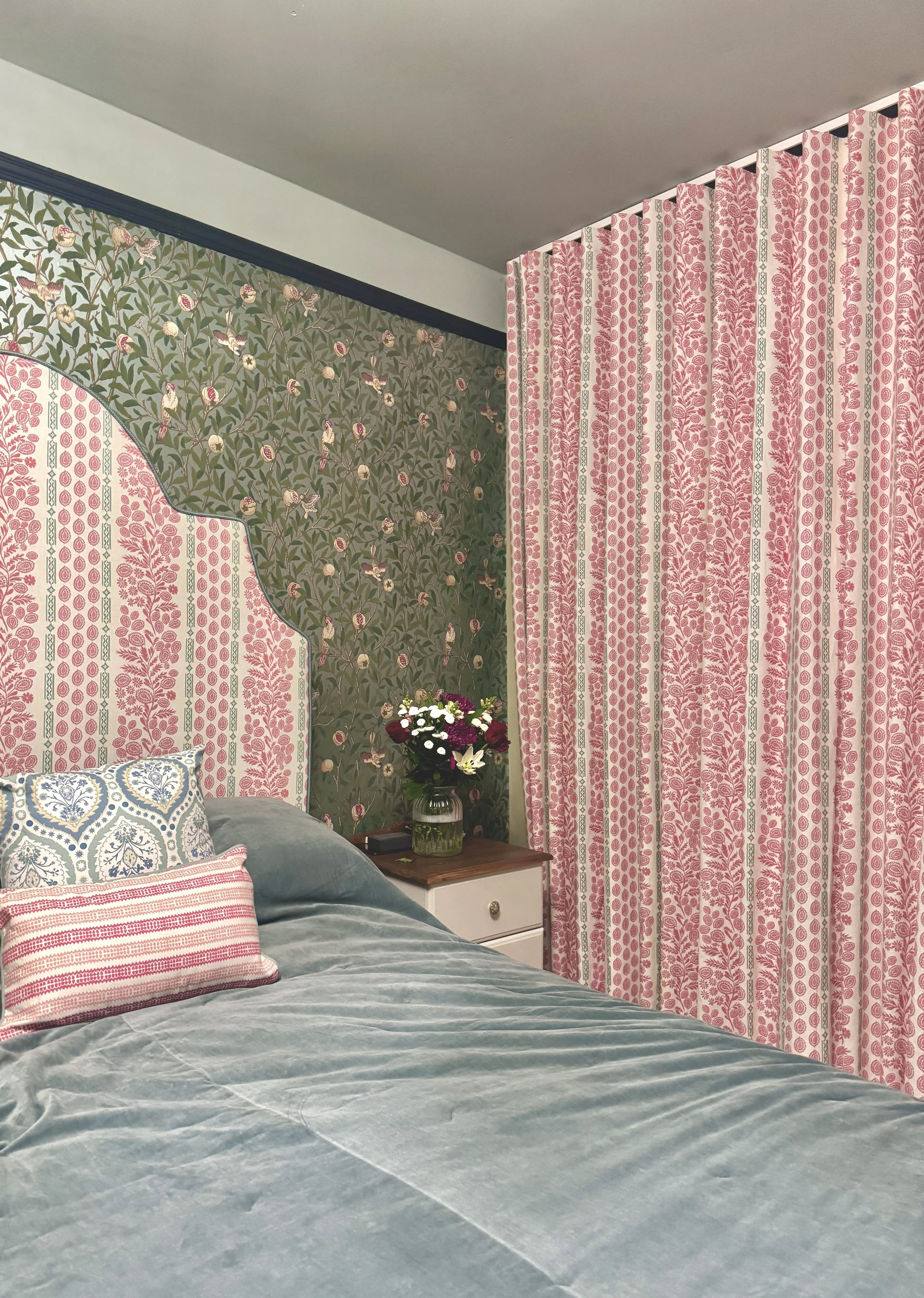 county-durham-principal-bedroom-headboard-and-curtains-upcycled-furniture-charlotte-gaisford-fabric.JPG