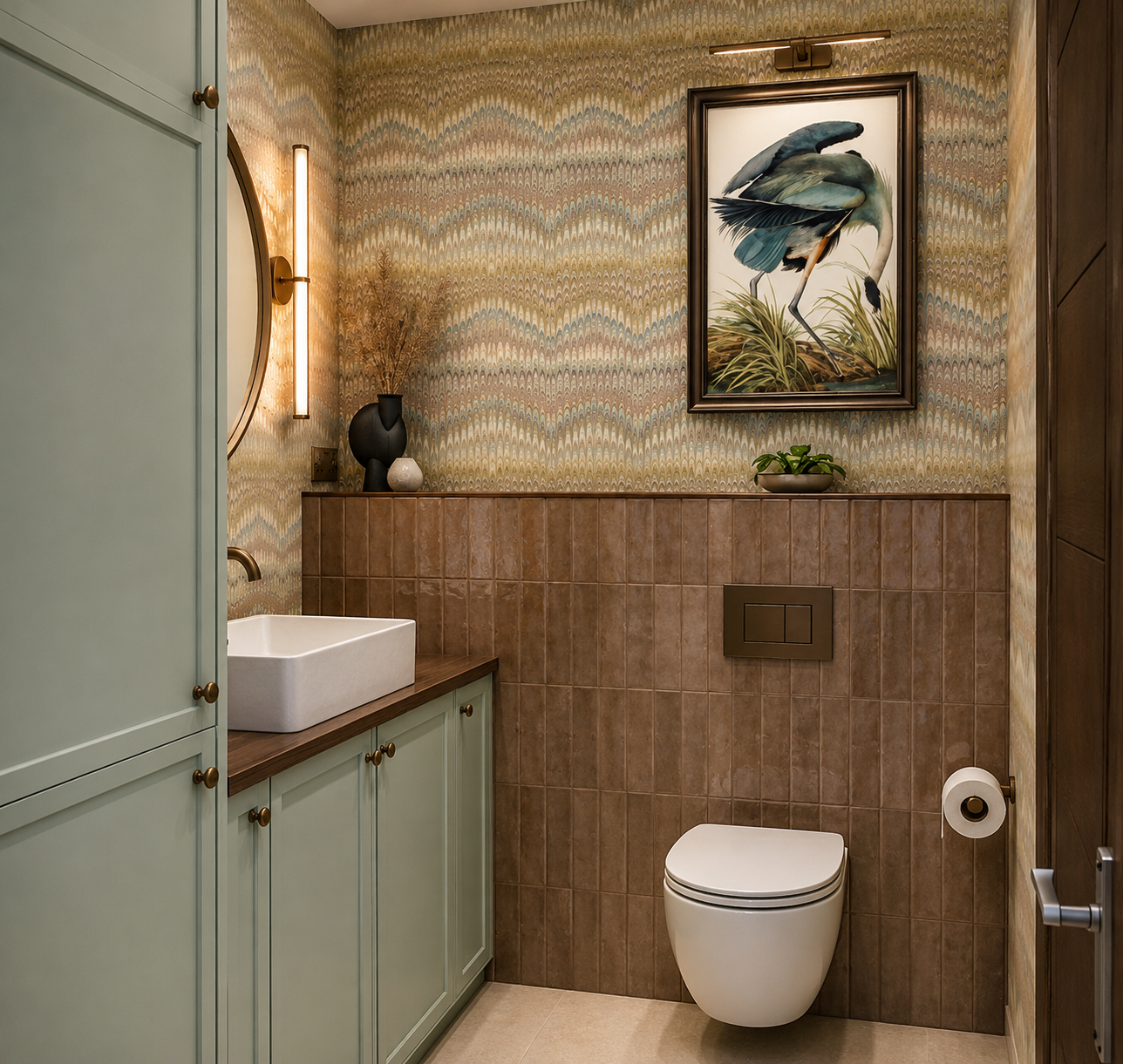Design visual of guest cloakroom at Clements Wharf Durham, featuring bronze wall tiles, patterned flame stitch wallpaper, aquamarine vanity cabinetry with bronze hardware, white countertop basin, wall-mounted bronze tap, vertical bronze wall light, r