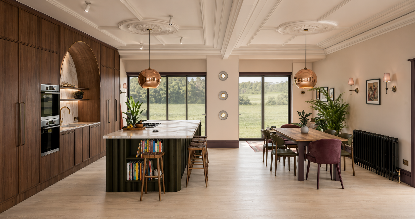 Completed open-plan kitchen and dining room in the Queens Road project by Carole Crowe Interior Design, Whitley Bay, featuring floor-to-ceiling walnut cabinetry with a dramatic arched marble alcove, a dark olive green fluted kitchen island with a Cal
