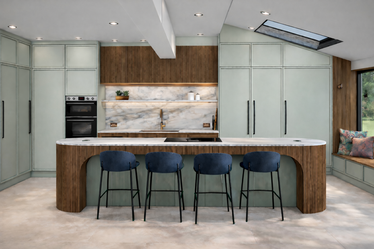 North-East-green-walnut-kitchen-reeded-panneling-blue-velvet-barstools.png