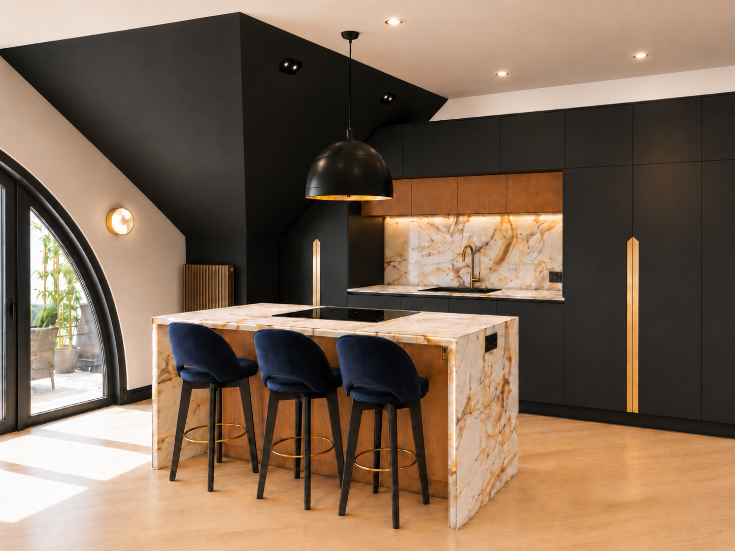 Interior design visual showing the full open-plan living, dining and kitchen space at Clements Wharf, Durham, by Carole Crowe Interior Design, with a grey upholstered sofa with burnt orange and abstract print cushions in the foreground, a gold sputni