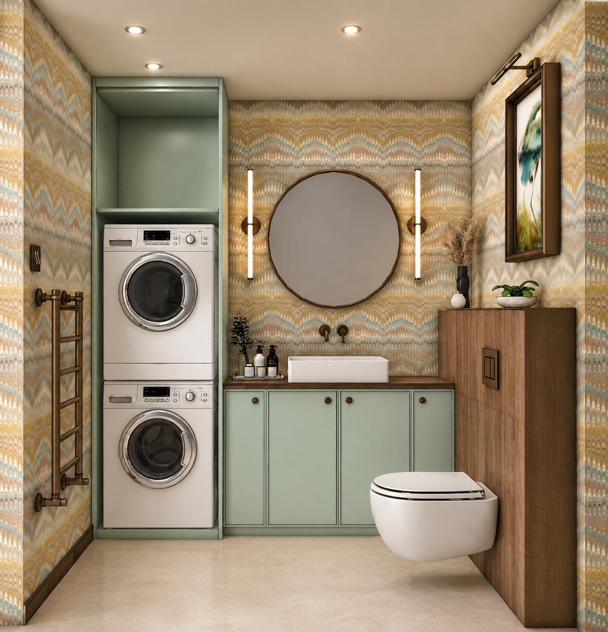 Design visual of combined guest cloakroom and utility room at Clements Wharf Durham, featuring stacked washing machine and tumble dryer within a aquamarine full-height housing unit, patterned flame stitch wallpaper, round mirror with bronze vertical 
