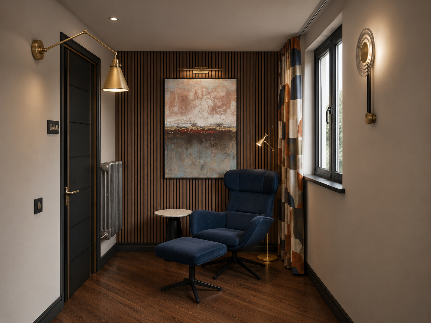 Design visual of reading corner within the home office at Clements Wharf Durham, featuring a navy blue armchair and footstool, walnut slatted feature wall, abstract artwork with picture light, bold geometric patterned curtains in rust, blue and cream