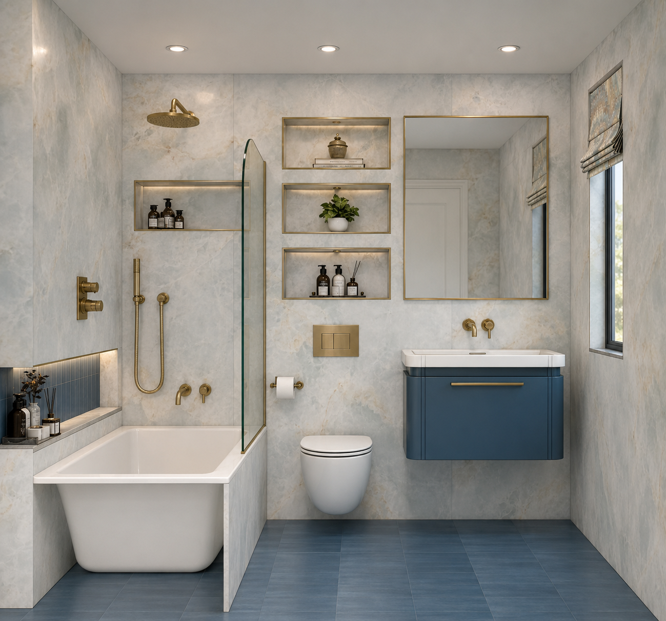 Design visual of guest ensuite bathroom at Clements Wharf Durham, showing marble effect wall tiles, slate blue floor tiles, a bath with glass shower screen and brass overhead rain head, wall-hung WC with brass flush plate, navy floating vanity unit w
