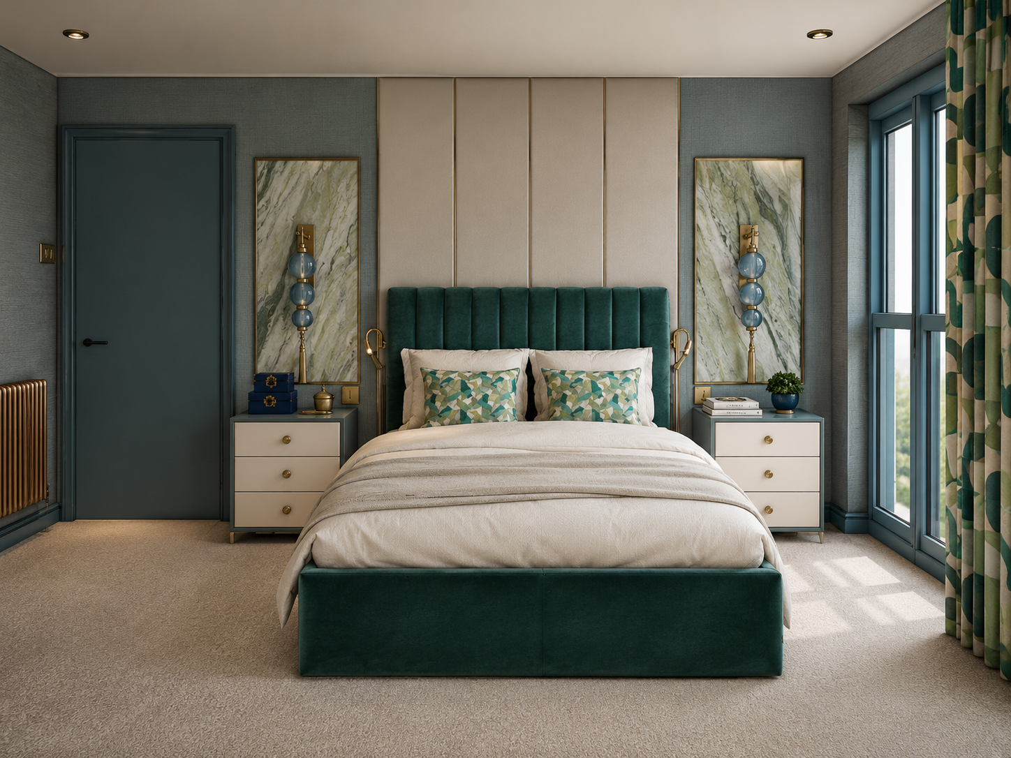 Interior design visual of the principal bedroom at Clements Wharf, Durham, by Carole Crowe Interior Design, featuring a dark forest green velvet upholstered bed with a tall channelled headboard, cream and teal geometric scatter cushions, matching cre