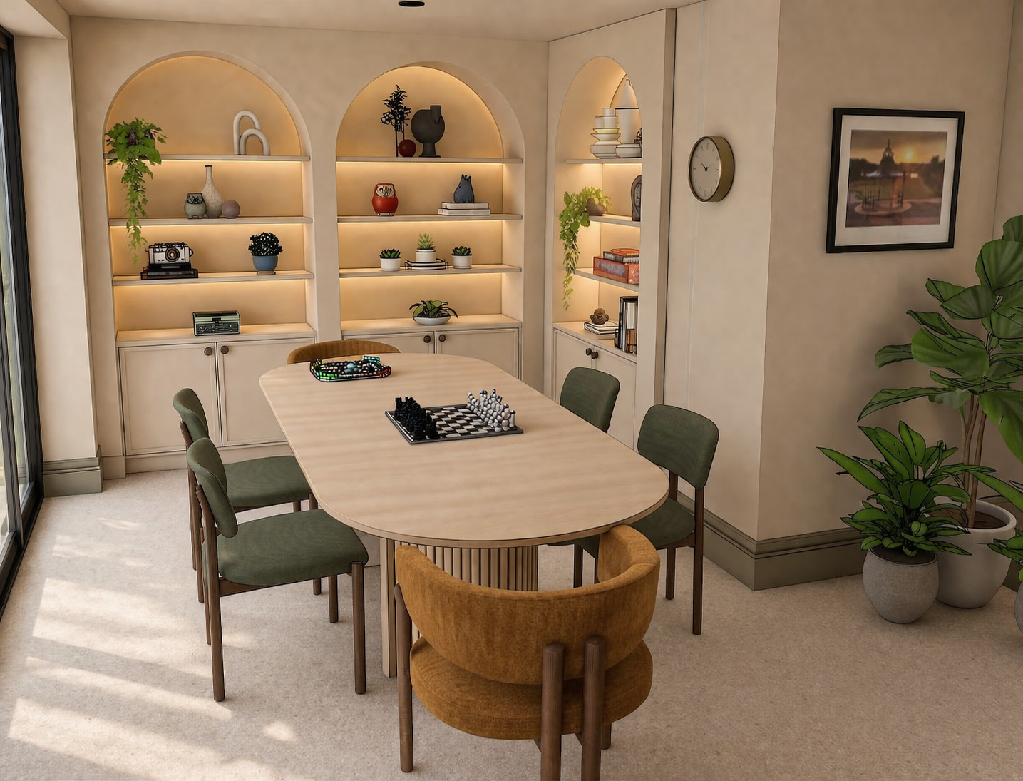 gosforth-colour-drenched-dining-room-arch-shelving-units-olive-green-dining-chairs-ochre-carver-chairs.png