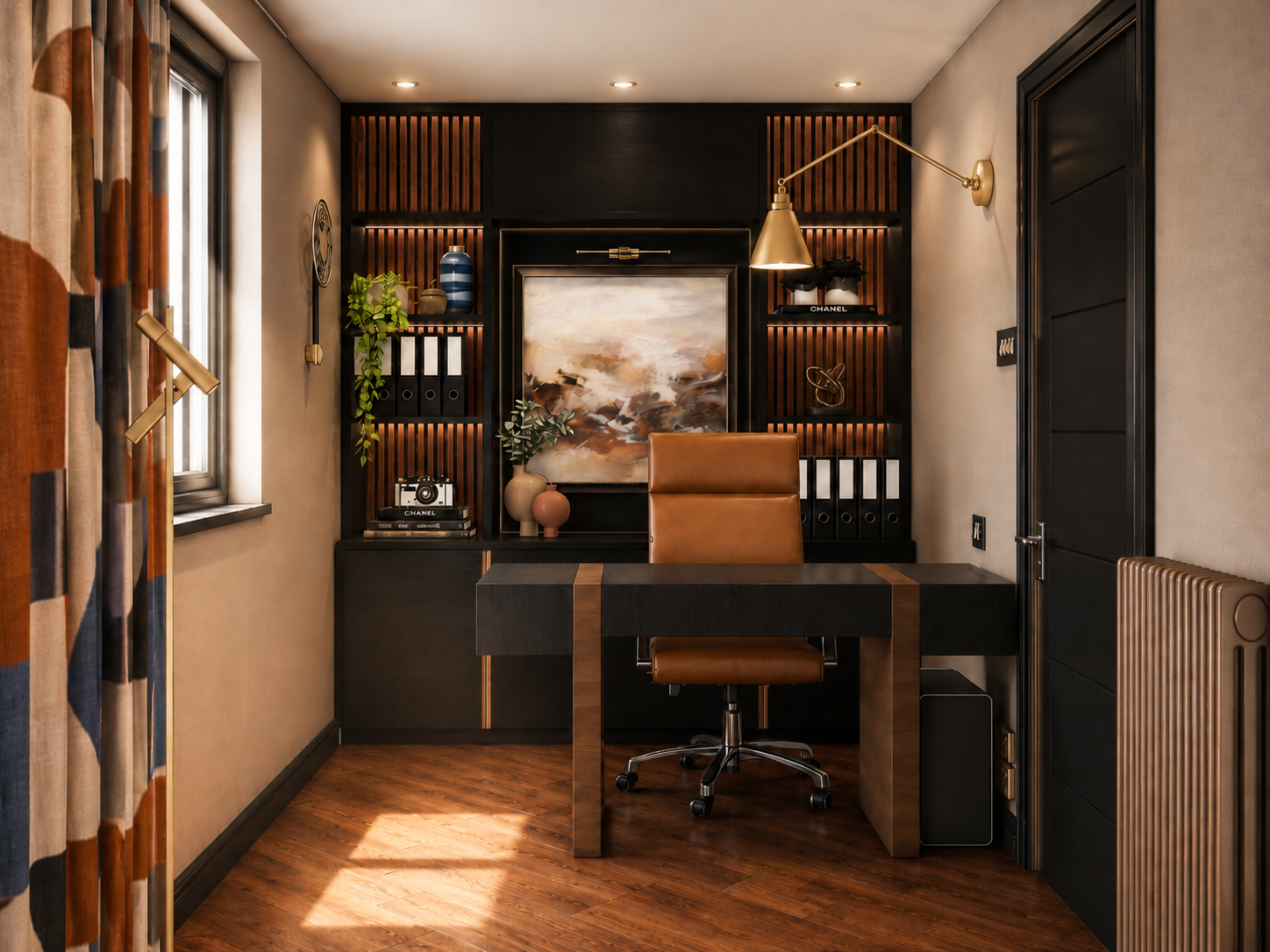 Design visual of home office feature wall at Clements Wharf Durham, with dark bespoke shelving incorporating walnut slatted panels, a centrally framed abstract artwork with picture light, tan leather executive chair, brass adjustable task lamp, curat