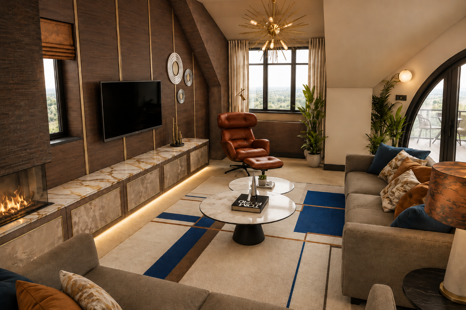 Interior design visual of the living room at Clements Wharf, Durham, by Carole Crowe Interior Design, showing a dark walnut and brass-trimmed media and fireplace wall with a lit linear gas fire, an illuminated marble-effect hearth, a wall-mounted tel