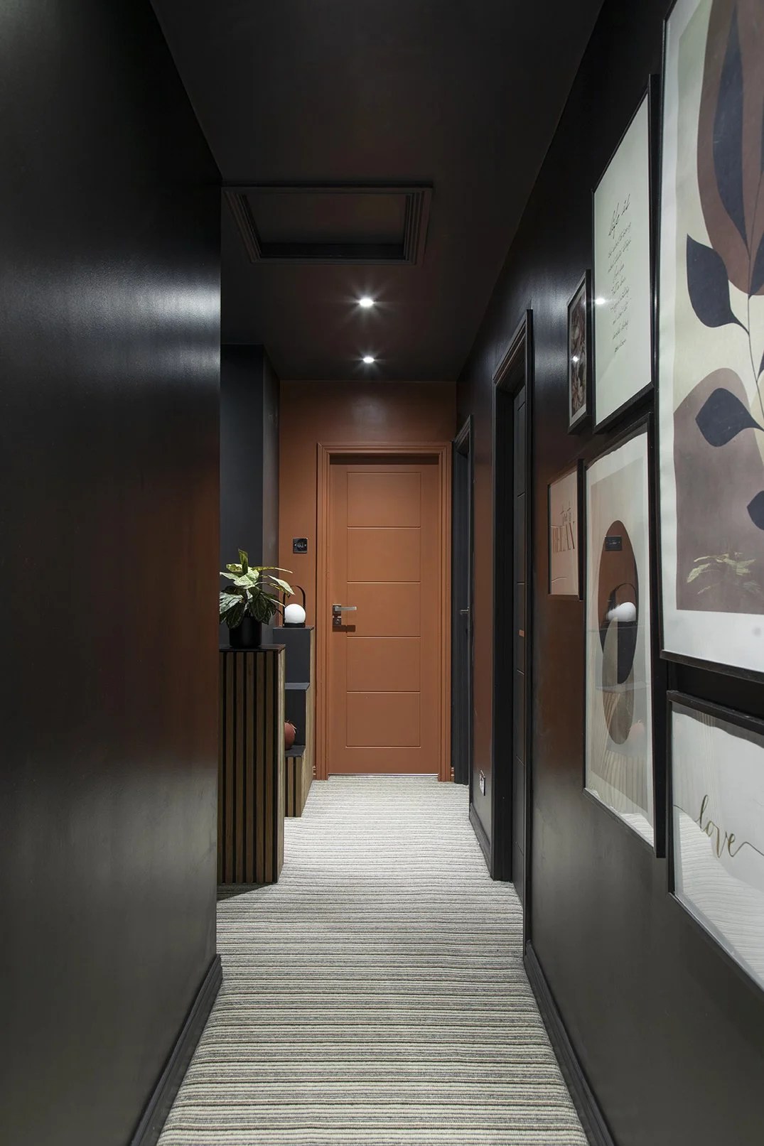 Dramatic dark hallway with slatted wood console, tropical plant and gallery wall leading to terracotta door, Whitley Bay interior design