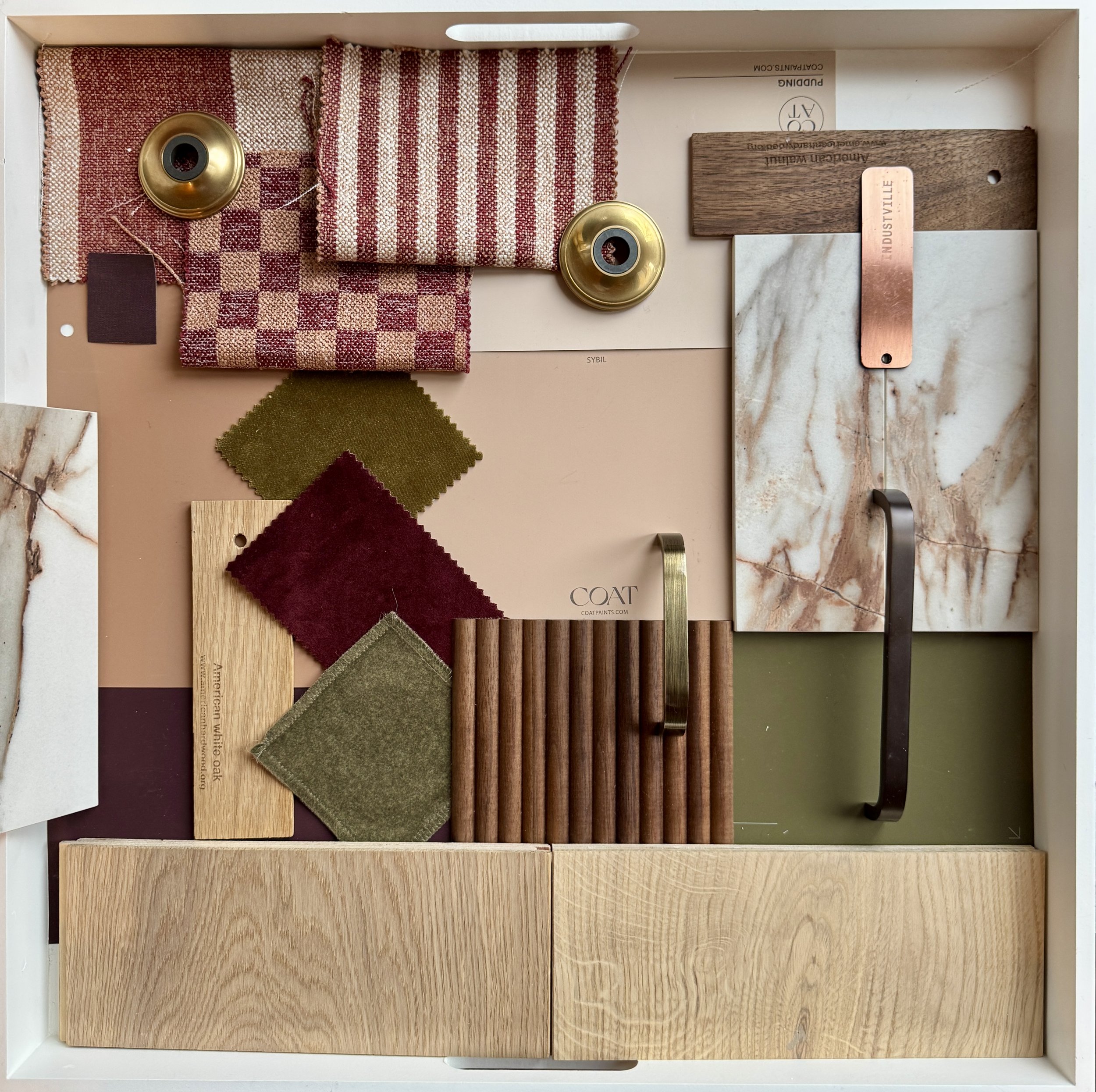 Interior design materials flat lay board for the Queens Road project by Carole Crowe Interior Design, Whitley Bay, showing fabric swatches in pink and burgundy check, pink and white stripe and plum and coral weave, brass wall light backplates, Americ