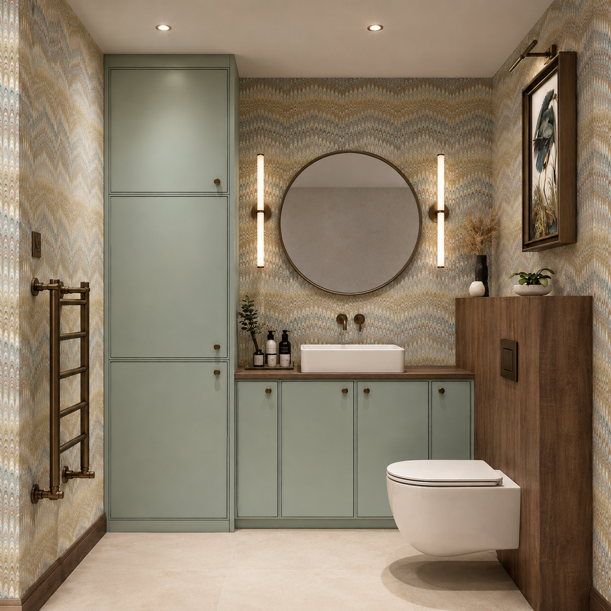 Design visual of guest cloakroom and utility room at Clements Wharf Durham, showing full-height sage green painted cabinetry with bronze knobs, patterned flame stitch wallpaper, round mirror flanked by bronze vertical wall lights, countertop basin on