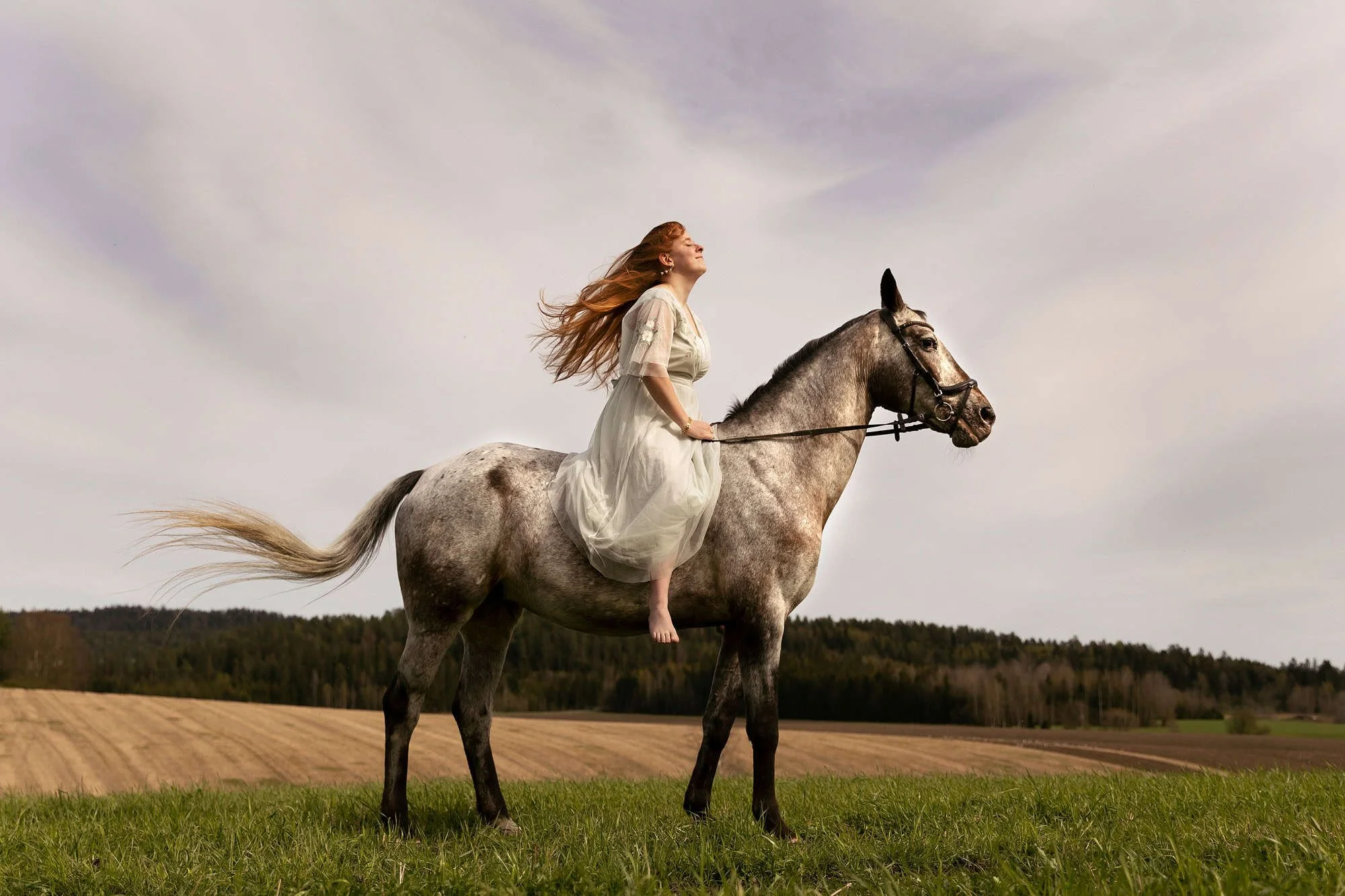 Kunstnerisk portrettfotografering ute i naturen med hest. Stemningsfullt bilde med bevegelse, vind og naturlig lys, som skaper et poetisk og tidløst uttrykk.