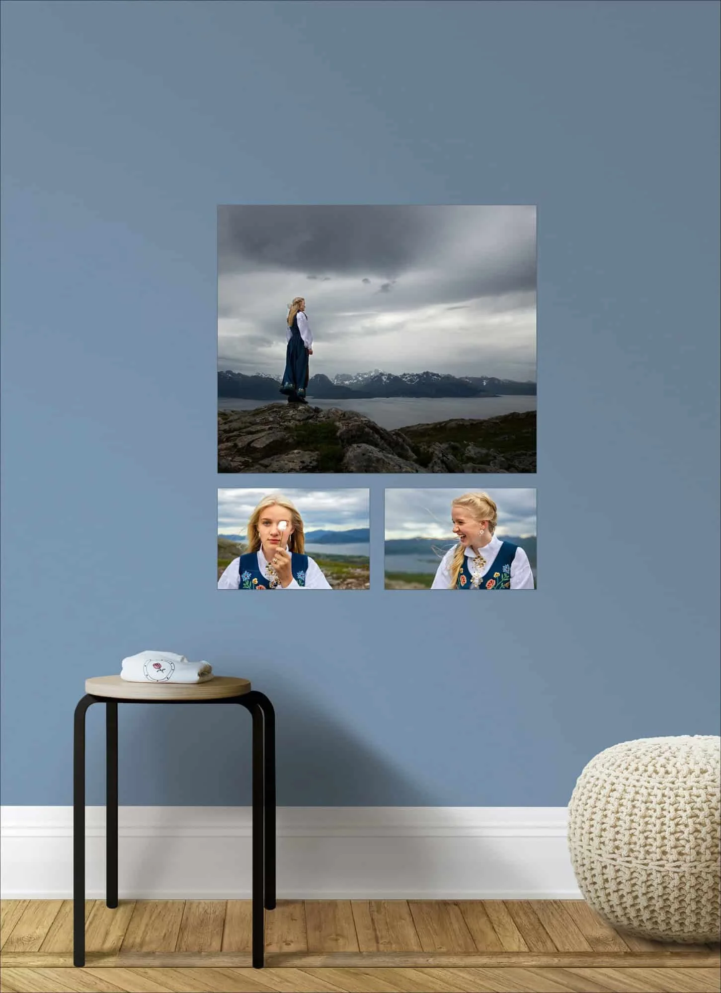 Collage i miljø med konfirmant i blå nordlandsbunad i fjellandskap