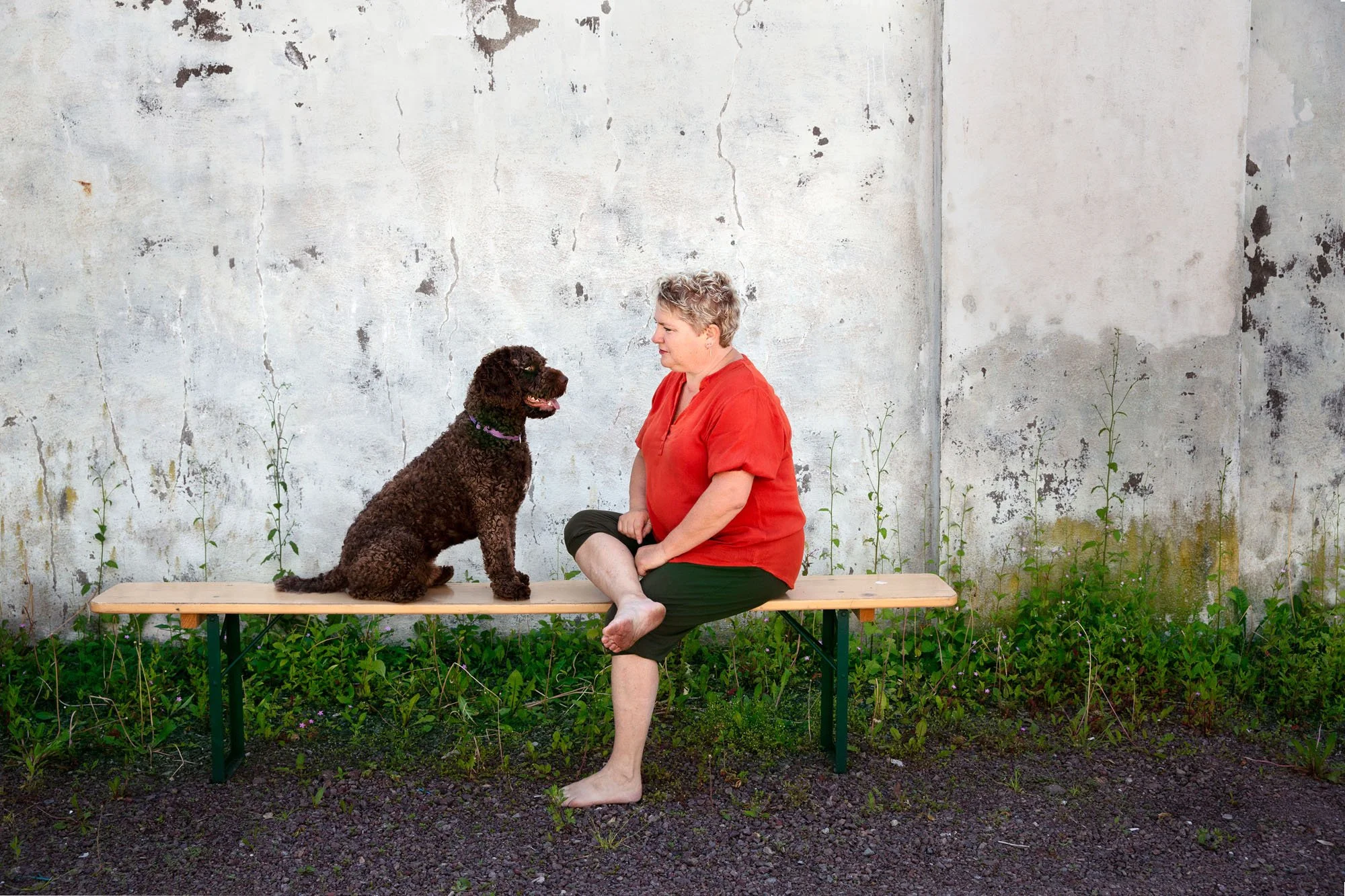 Kvinne og en mørk labradoodle sitter på en benk og ser på hverandre