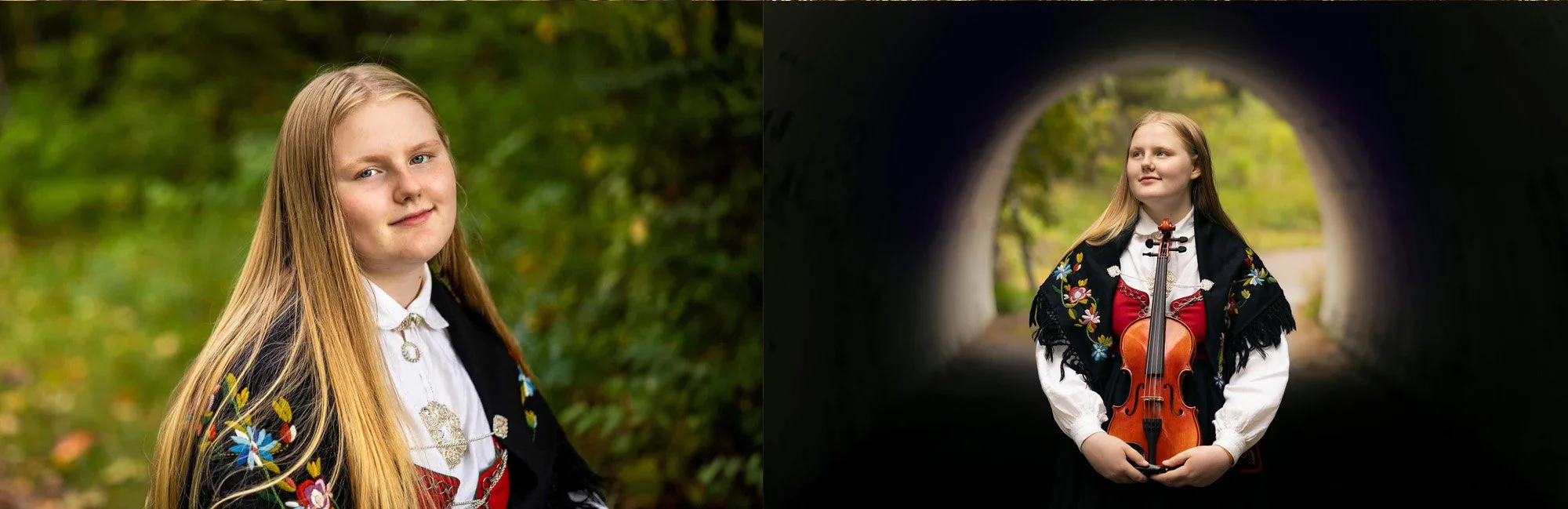 Konfirmant i bunad med fiolin under konfirmantfotografering ute på location, vist både som portrett og hobbybilde