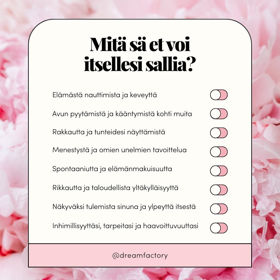 T&auml;&auml; lista s&auml;rkee mun syd&auml;men❤️&zwj;🩹 

Koska se on mun oma. Raapustelin t&auml;m&auml;n p&auml;iv&auml;n Dream Letteriin siit&auml;, kuinka hyv&auml;n salliminen on ollut mulle &auml;&auml;rett&ouml;m&auml;n vaikeaa ja totally ou