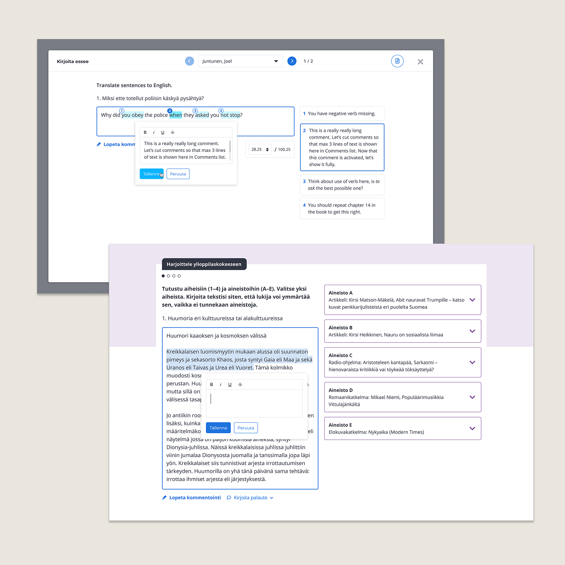 Screenshots of two language learning or translation apps on a computer screen, showing Finnish and English texts, comments, and editing features.