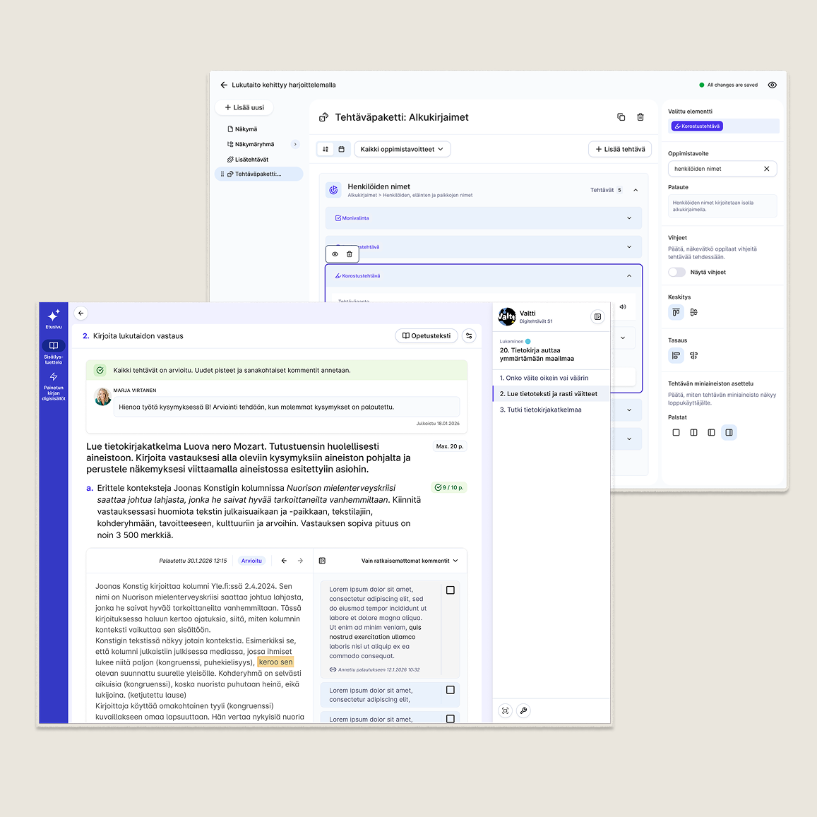 Screenshot of an online language learning platform with tasks about understanding and interpreting texts in Finnish.