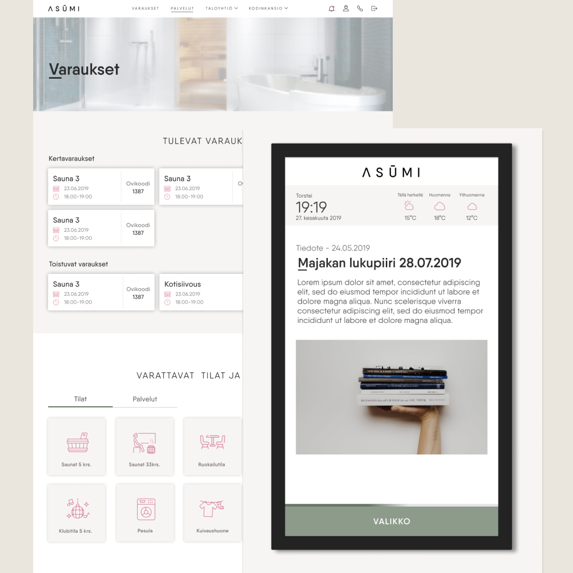 Screenshot of a website displaying spa or sauna booking details, weather forecast, and event information, with a modern, minimalist design, including a large photo of a white bathtub at the top.
