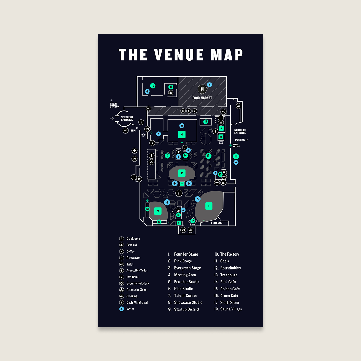A venue map with a dark background showing various areas such as stages, food markets, cafes, and facilities at an event. Key areas are numbered and listed, including the Founder Stage, Pink Stage, Evergreen Stage, Meeting Area, Pink Studio, Talent Corner, Showcase Studio, Startup District, and Sauna Village.