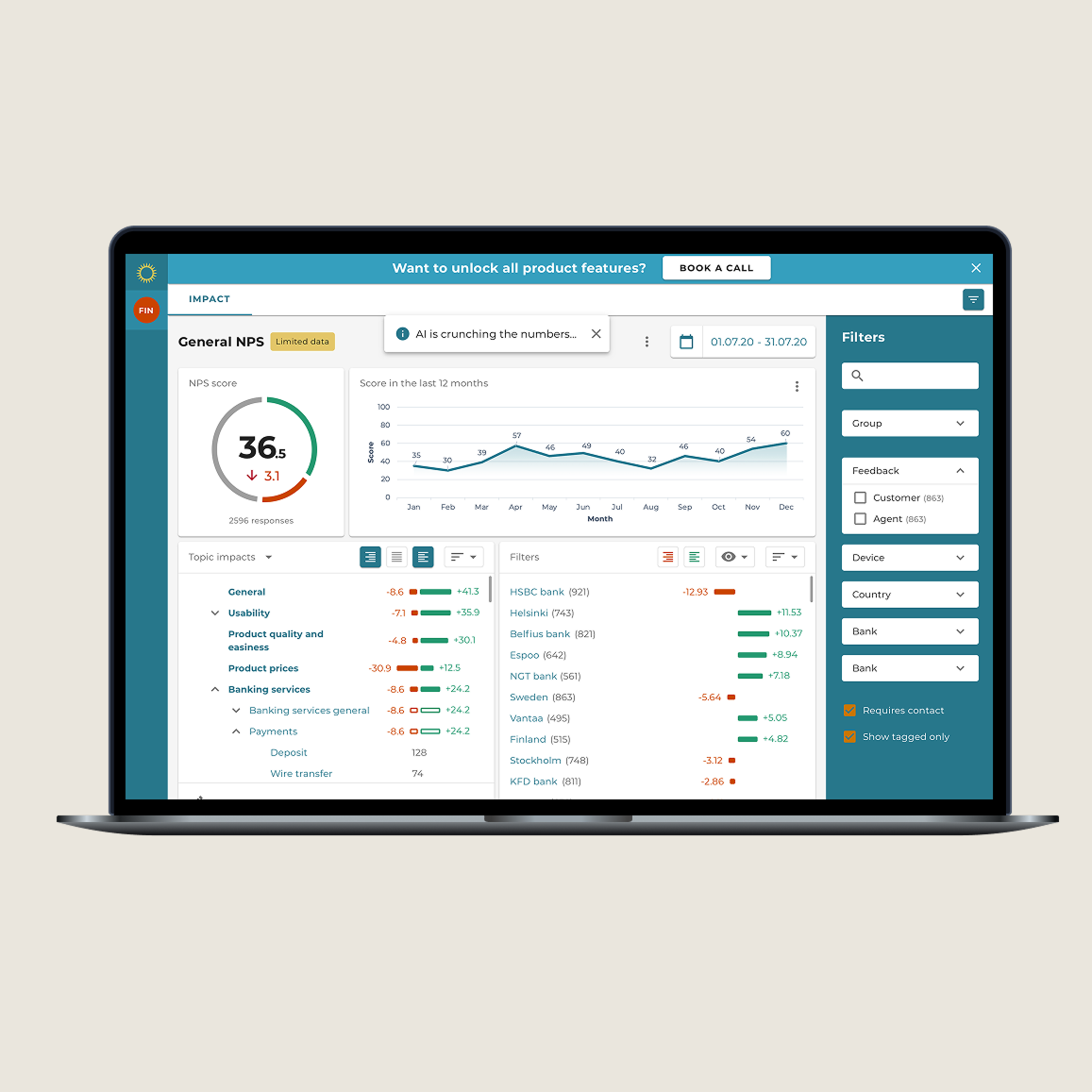 Computer screen displaying analytics dashboard with graphs, charts, and filters related to product features and customer feedback.