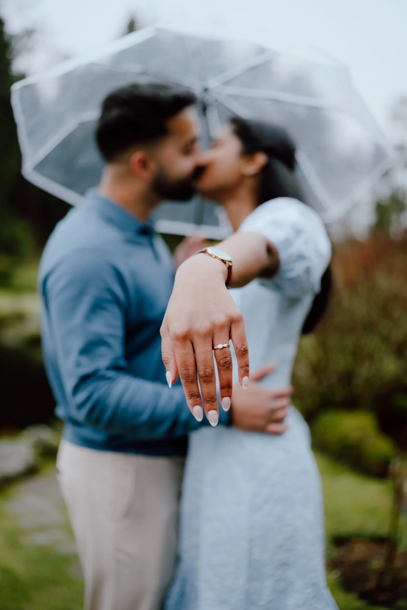   Engagement ring close-up during proposal at Cowden Japanese Garden photographed in the rain captured by patrice little photography  