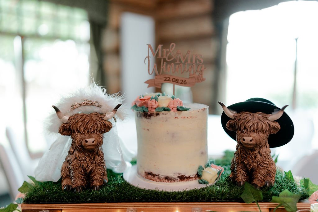 Highland cow wedding cake and cupcakes decorated with soft-pink flowers at Piperdam Resort