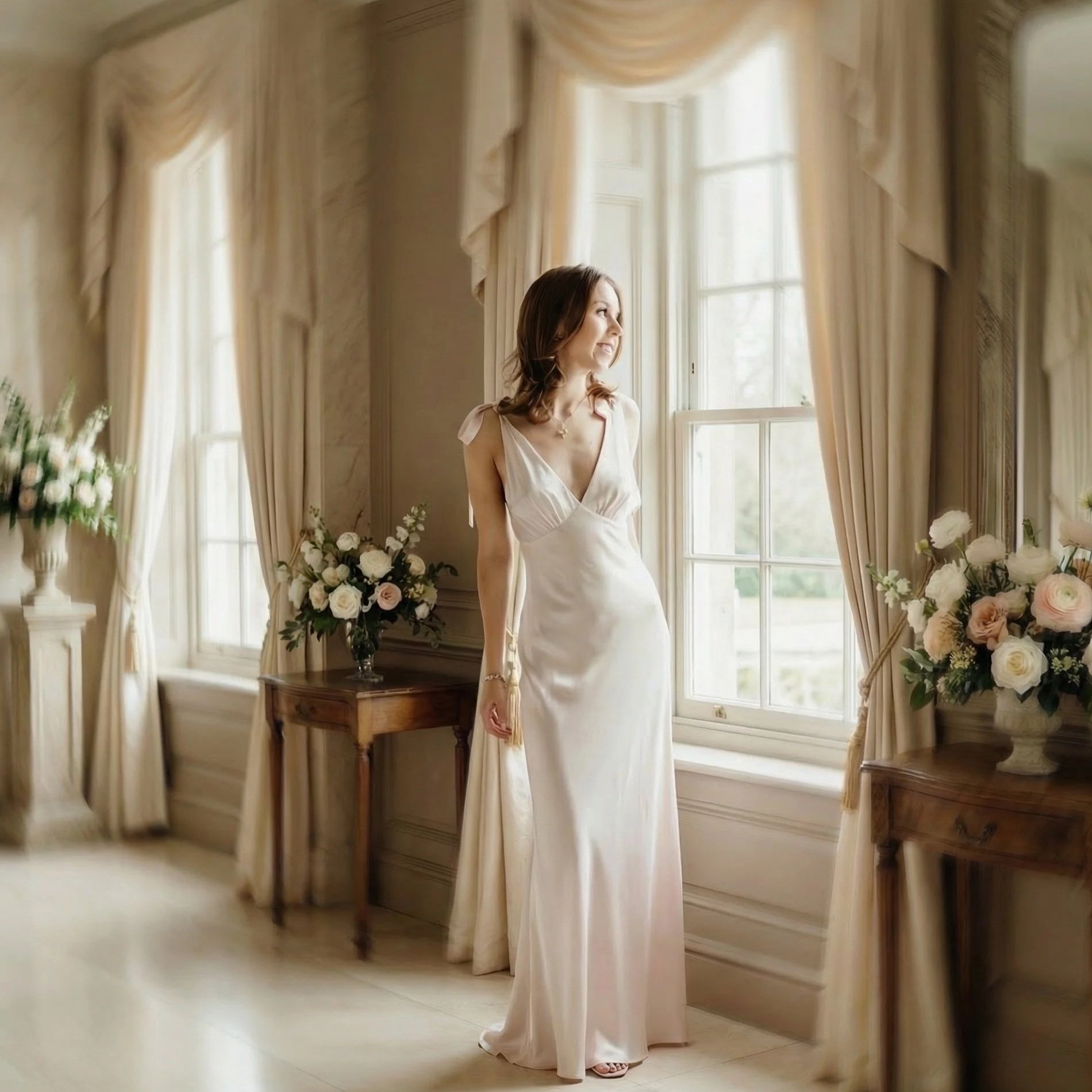 Elegant bride standing by tall sash window during luxury wedding morning prep in Scotland, photographed in soft natural light by Perthshire wedding photographer Patrice Little.