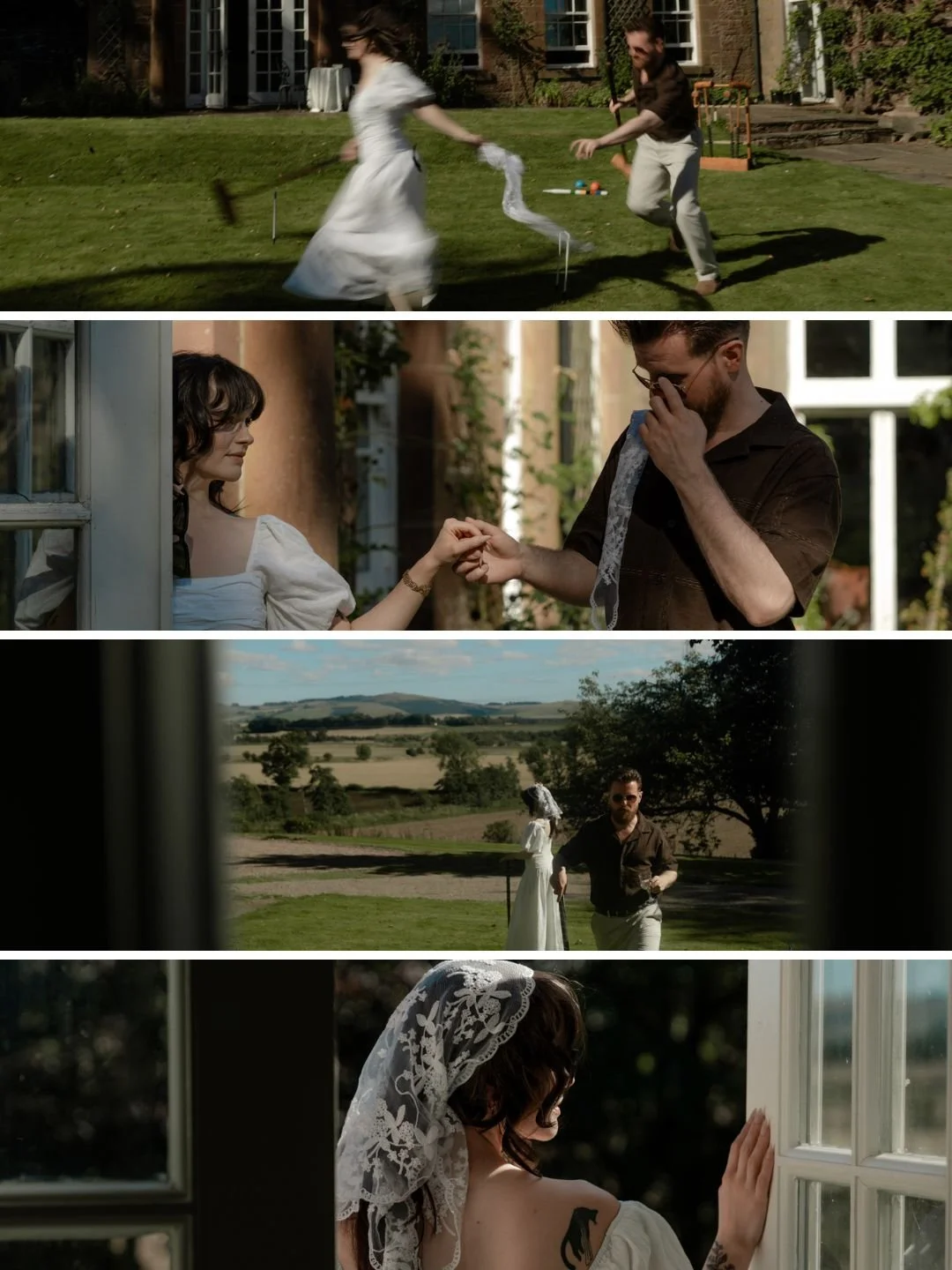 A collage of scenes from a wedding or romantic story, featuring a woman with dark hair and a lace head covering, a man with glasses, and a woman in a white dress. The scenes show playful outdoor activities, emotional moments, and scenic views of a countryside landscape.