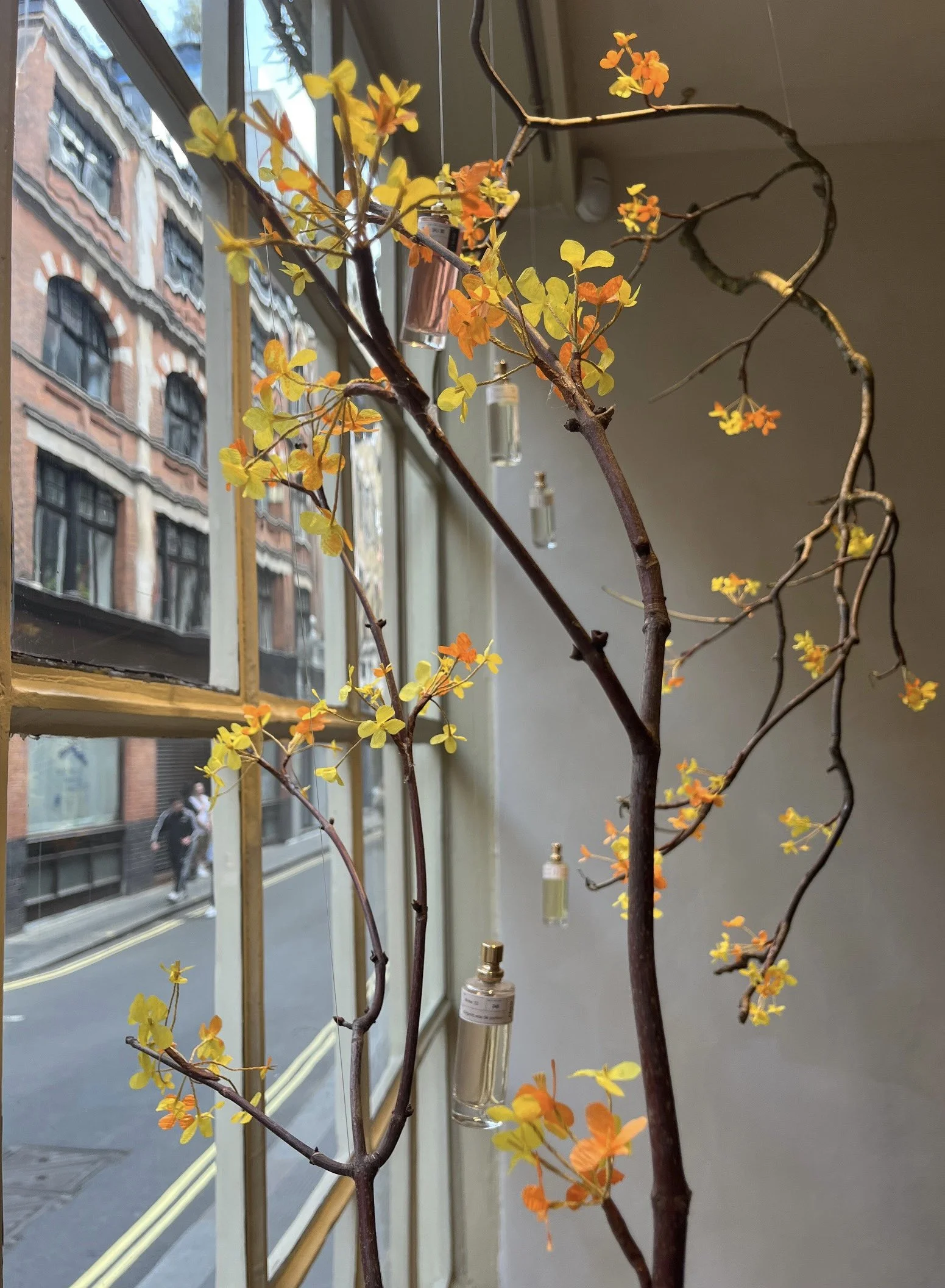 A close-up of a branch with small yellow and orange paper flowers by Emmeli Kimhi, hanging indoors near a window with a view of a city street outside.