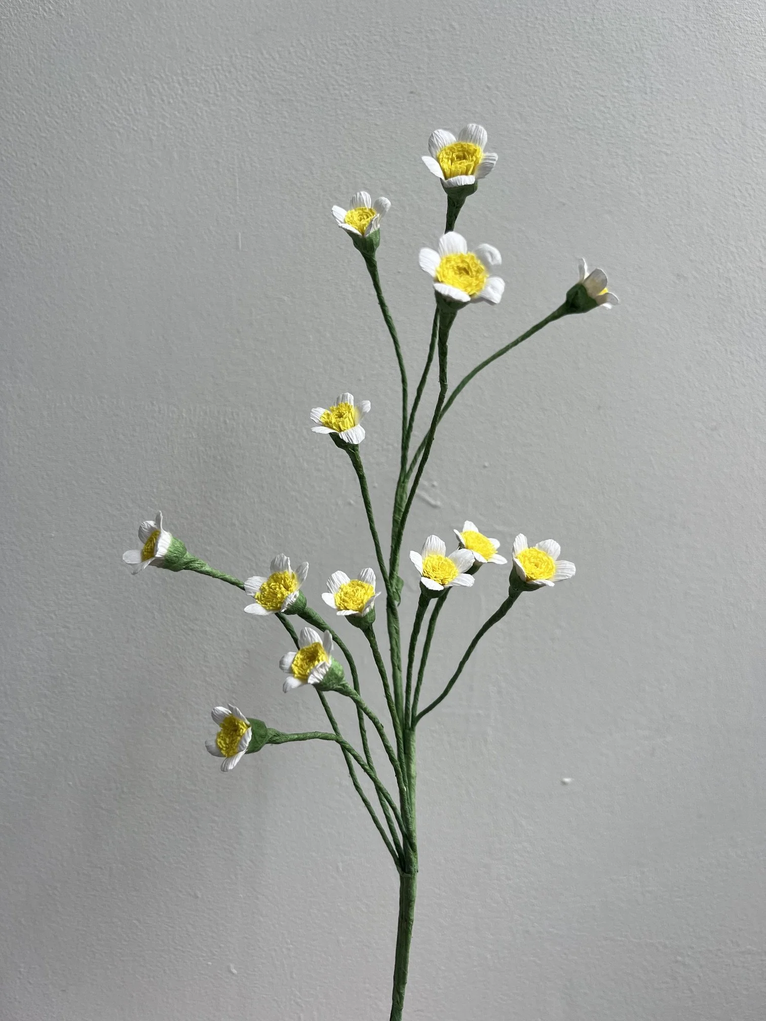 Artificial white and yellow daisy-like flowers by Emmeli Kimhi on green stems arranged against a plain light-colored background.