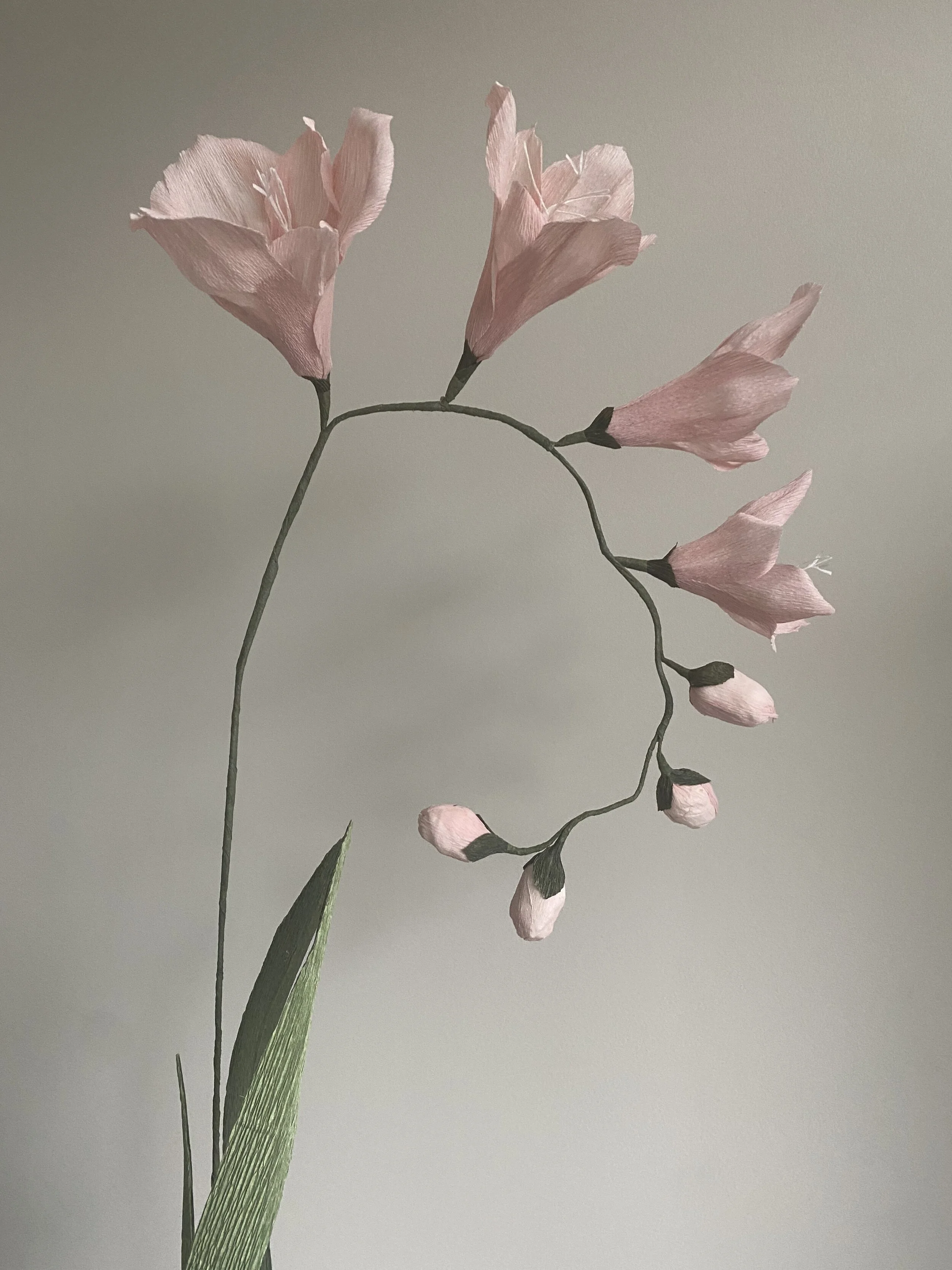 A pink artificial flower by Emmeli Kimhi with a green stem and leaves against a plain light gray background.